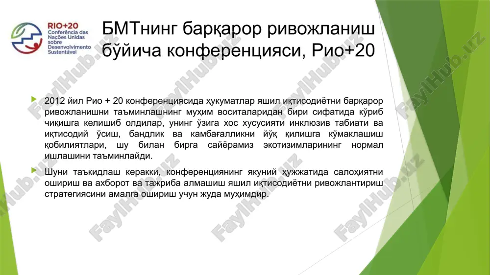 il” iqtisodiyotga o'tish bo'yicha xorijim amaliyot aqshda "yashil " iqtisodiyot 600 mlrd dollardan ortiq mahsulot va xizmatlarni olib keladi. (yaimning 4,2%) va unda bandlik 3 mln kishiga baholanmoqda. evropa ittifoqida qayta tiklanadigan energiya manbalarining ulushi 2005 yildan 2017% gacha har yili 8 % ga oshdi. yaponiya 2010-2019 yillarda qayta tiklanadigan energiya sohasidagi eng yirik investorlardan biri hisoblanadi. u dunyoda xitoy va aqshdan keyin uchinchi o'rinni egalladi. yaponiya investitsiyalari 2010 yilda 7 mlrd doll 2019 yilda 16,6 mlrd dollargacha oshdi, ammo 36,2 mlrd dollarlik cho'qqiga 2015 yilda erishildi. 2020 yilgacha mamlakatni rivojlantirish yo'nalishini belgilaydigan yaponiyadagi asosiy hujjat bo'lgan " yangi rivojlanish strategiyasi « (the new growth strategy, japan, 2010) ekologik yo'naltirilgan innovatsiyalarni yaponiyaning eng faol rivojlanayotgan sohalarga yo'naltiradi xitoy 2030 yilga kelib so2 chiqindilarining cho'qqisiga erishishni va 2060 yilga kelib "uglerod neytral" bo'lishni maqsad qilgan. ushbu ulkan reja parij iqlim kelishuvining ishtirokchi davlatlari tomonidan yuqori baholanadi, chunki xitoy dunyodagi eng yirik …