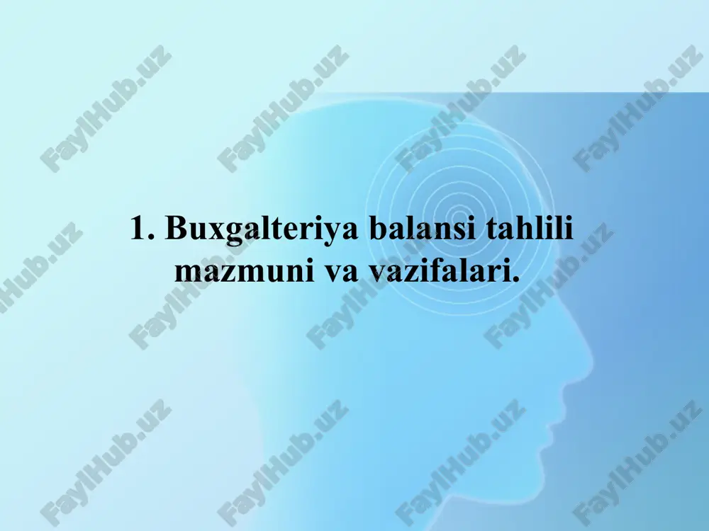 i ochib beruvchi, korxonaning joriy xarajatlari yoki foydasi hisobidan tashkil etilgan xususiy kapital va ayrim turdagi rezervlar shakllanishini ochib beruvchi moddalarning batafsillik darajasini yuqoriligi shundan kelib chiqadi. aktiv qismi passiv qismi korxona mulki va mablag’larning kelib chiqish manbalari balansning passivida ko’rsatiladi. bular o’ziga qarashli va chetdan jalb qilingan manbalarga ajratiladi. jalb qilingan manbalarga bank kreditlari va kreditorlik qarzlari va boshqa majburiyatlarni kiritish mumkin. asosiy va aylanma mablag’larning holatini ko’rsatib, moliyaviy xo’jalik jarayonini yuritish vazifasini bajarishda bu mulklardan fodalanadi. mulk to’plangan moliyaviy hamda davlat tashkilotlari mablag’i, hususiy shaxslar jamg’armasi, hissador va ta’sischilarning ulushi, bank krediti, chet ellik sarmoyadorlar va hakozo mablag’lar evaziga sotib olinadi. * content layouts buxgalteriya balansi elementlari va ularning tasnifiy jihatlari buxgalteriya balansi elementlari tavsifi aktivlar subyekt nazorat qiladigan, kelgusida ulardan daromad olish maqsadida avvalgi faoliyat natijasida olingan iqtisodiy resurslardir xususiy kapital (sarmoya) subyektning majburiyatlarini chegirib tashlagandan keyingi aktivlaridir majburiyatlar shaxsning (qarzdorning) boshqa shaxs (kreditor) foydasiga muayyan ishni …