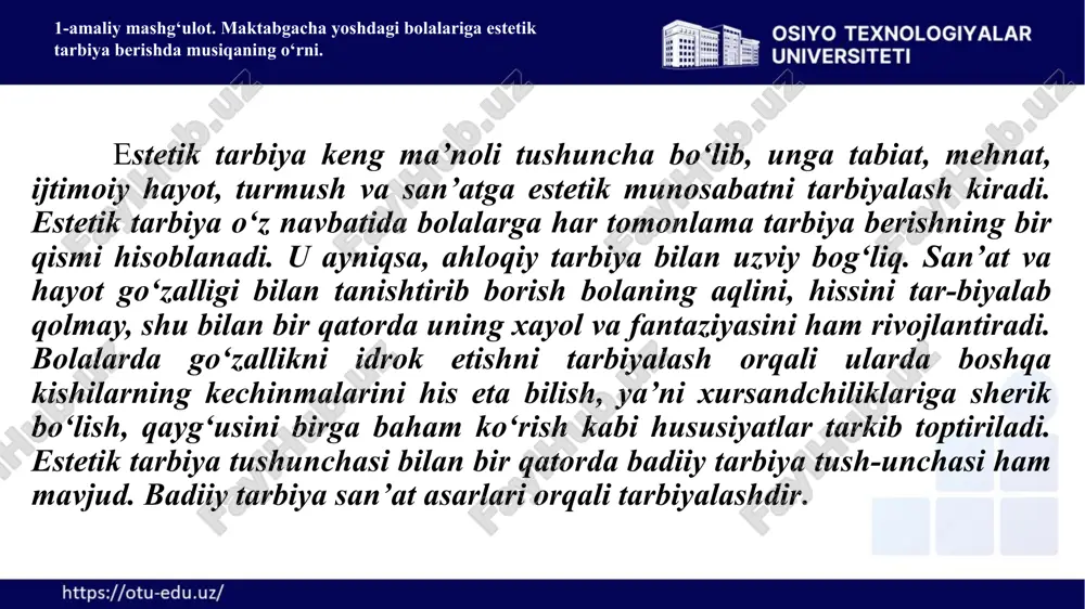 t sohasidagi faoliyatga yaqinlashtirish. 3. bolalarda ma’naviy did asoslarini va san’at asarlarini hamda hayot-dagi hodisalarni mustaqil baxolay bilish qobiliyatini shakllantirish. 4. bolalarning badiiy-ijodiy qobiliyatini o‘stirish. kichkintoylarning san’at bilan bog‘liq bo‘lgan faoliyatlari doimo erkii, zavqli intilish, ijodiy tasavvur, tashabbuskorlik bilan to‘la bo‘lishi kerak. bola qanchalik ma’naviy ruhda rivojlangan bo‘lsa, uning badiiy malaka va ko‘nikmalari shunchalik pishiq bo‘ladi, uning ijodiy faoliyati yanada to‘laroq namoyon bo‘ladi. 1-amaliy mashg‘ulot. maktabgacha yoshdagi bolalariga estetik tarbiya berishda musiqaning o‘rni. ikki-uch yoshdagi bolalar uchun. o‘yin. mazmunli o‘yinchoqlardan foydalanib, jo‘r bo‘lib qo‘shiq aytish, o‘ynash, ularning qiyofasi, kiyim-larining rangini payqash, shaklli o‘yinchoqlar bilan oddiy o‘yin harakat-larini baja­rish, g‘ishtchalar va kubiklarni tartibli taxlab, devorchalar, uychalar, darvozalar qurish, ularning tartibidai lazzatlanish. didaktik o‘yinlarda tovushning balandligini, ya’ni, “men nimani chalyapman?”, uning kuchini, ya’ni “past-baland” tembrini, tempi va ritmini, ya’ni “qo‘g‘irchoq yurayapti va yuguryapti” aniqlash, ikki-uch rangni, ya’ni “qizil, yashil, sariq”, buyum shaklini, ya’ni “shar, g‘ishtcha” farqlash va aytish. 1-amaliy mashg‘ulot. maktabgacha yoshdagi …