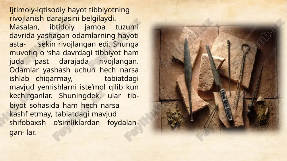 815 yy dagi tabiblik san’ati va umumiy tarixga nazar” asarini nashr ettirdi. 1813- 1820 yillar mobaynida esa r.rixter tomonidan uch bo‘limli “rossiya tibbiyoti tarixi” asari yozildi. uchinchi bosqich yuqori ilmiy muassasalarda “tibbiyot tarixi” ning birinchi kafedrala rini shakllantirish va tibbiyot tarixining alohida fan sifatida shakllanishi bilan bog’liq. 1894 yil moskva universitetining tibbiyot fakul’tetida tibbiyot tarixining birinchi kaferasi ochildi. tez orada boshqa universitetlarda ham shunday fakul’tet_x0002_lar ochildi.o‘rta osiyo respublikalarida tibbiyot tarixi bo‘yicha birinchi ma’ruzalarni tibbiyotning boshqa sohalaridan mutaxassislar o‘qigan. masalan, 1930 yilda samarqand tibbiyot institutida «gistologiya va embriologiya» kafedrasi mudiri g.m.semenov tibbiyot tarixi fanidan dars bergan.o‘rta osiyoda birinchi «tibbiyot tarixi kafedrasi» 1948 yil 1 martda toshkent tibbiyot institutida ochilgan. keyinchalik shunga o‘xshagan kafedralar o‘rta osiyoning boshqa oliy o‘quv yurtlarida ham ochilgan. 1957 yilda o‘zbekistonda tibbiyot tarixchilari jamoasi tashkil etildi. 1950-1980 yillarda tibbiyot tarixini o‘rganish keng qamrovni egalladi. tibbiyot tarixi fani umumiy va xususiy qismlarga bo‘linadi. umumiy tibbiyot tarixi tibbiyotni bir butun, …