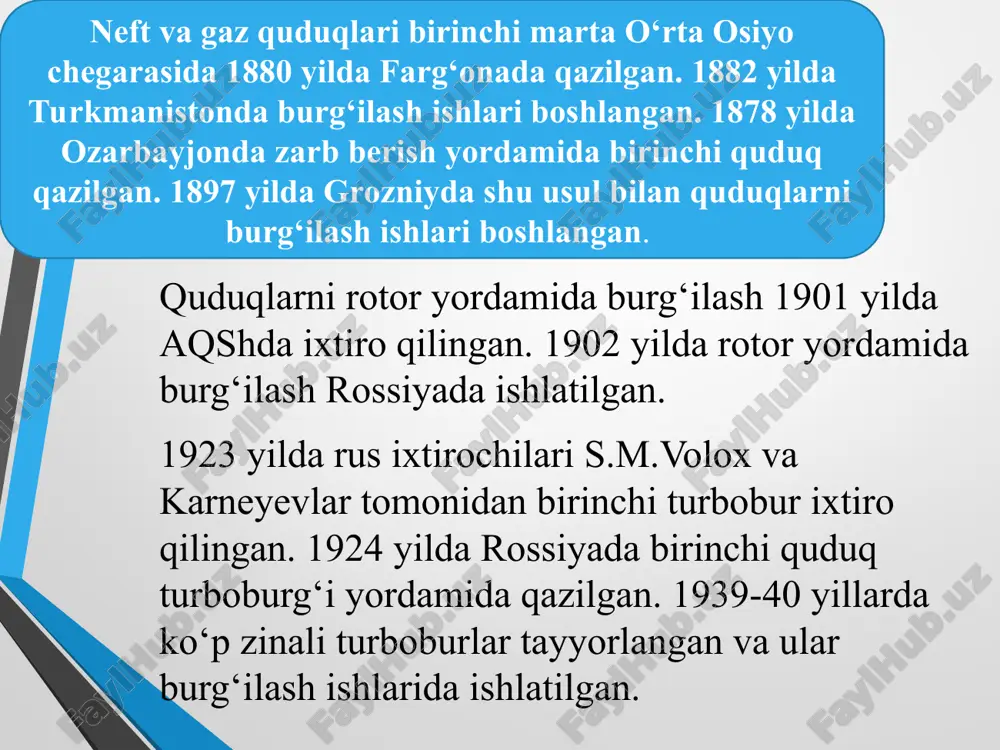 altiruvchi uzaytirilgan quvur qiya vertikal quduq konstruksiyasi yo’naltiruvchi quvur gorizontal vazifasiga ko’ra quduq vidi preventorov: 1)plashechniy preventor 2)vrashayushiysya preventor 3)universalniy preventor plashechniy preventor portlashning oldini olish uchun burg'ulash qudug'ining og'zini yopish uchun mo'ljallangan. plashechniy preventor 1)korpus 2)tsilindr dlya smeni plashek 3)rabochiy gidrotsilindr 4)ruchnoy fiksator plashki 5)plashka universalniy preventor universalniy preventor quduqlarni burg'ulash paytida quvur liniyasi mavjud yoki yo'q bo'lganda tuxtatish uchun mo'ljallangan. universalniy preventor 1)krishka 2)uplotnitel 3)korpus 4)porshen vrashayushiysya preventor aylanadigan preventorlar burg'ulash tizmasi va korpus tizmasi o'rtasida muhrlangan halqa bilan burg'ulashga imkon beradi. vrashayushiysya preventor 1)korpus 2)uplotnitel 3)zashelka 4)uplotneniya 5)stvol 6)radialniy podshipnik 7)uporniy podshipnik 8)patron 9)porshen