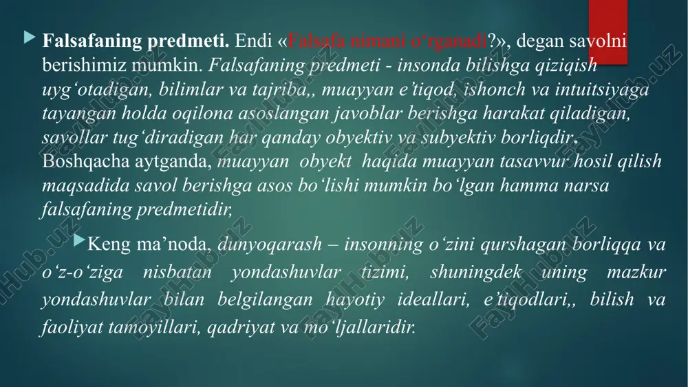 lash, ma’naviy madaniyatini takomillashtirish va faqat o‘zining ma’naviy dunyosiga munosib muhit tanlash malakalarini shakllantiradi.. dunyoqarashning tuzilishi - dunyoni sezish, dunyoni idrok etish va dunyoni tushunish kabi eng muhim elementlardan iborat. dunyoni sezish– bu o‘zini qurshagan dunyoni sezgilar yordamida hissiy idrok etishdir. bunda tuyg‘ular, kayfiyat dunyoni go‘yoki ranglarga bo‘yaydi, uning obrazini subyektiv, sof individual sezgilar orqali aks ettiradi. masalan, bemor odamga haddan tashqari yorug‘ bo‘lib tuyulishi mumkin bo‘lgan nur, sog‘lom odam uchun normal bo‘ladi; daltonik ranglar gammasini, ko‘rish qobiliyati normal bo‘lgan odamga qaraganda butunlay boshqacha idrok etadi. bundan dunyoni sezishning har xil, xususan optimistik, pessimistik, fojeaviy tiplari kelib chiqadi. dunyoni idrok etish – bu atrof borliqni ideal obrazlarda tasavvur qilishdir. dunyoni idrok etish to‘g‘ri yoki noto‘g‘ri bo‘lishi, ya’ni borliqqa mos kelmasligi mumkin. bu holda borliq noto‘g‘ri tasavvur qilinadi yoki illyuziyalar, suv parilari, alvastilar, kentavrlar haqidagi tasavvurlarga o‘xshash fantaziyalar paydo bo‘ladi. dunyoni tushunish – insonning va uni qurshagan dunyoning mohiyatini aniqlash, shuningdek …