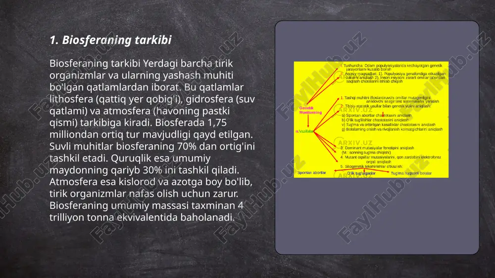 al miqyosda yiliga taxminan 13 million gektarga kamaymoqda. shaharlar va sanoatning rivojlanishi havo, suv va tuproq ifloslanishiga sabab bo'ladi. biroq, insonlar ham biologik xilma-xillikni saqlash va qayta tiklash uchun chora-tadbirlar ko'rishi mumkin, masalan, milliy bog'lar va qo'riqxonalar yaratish orqali. ... t.me/slaydai_bot 7. inson faoliyatining biosferaga ta'siri inson faoliyati biosferaga salbiy ta'sir ko'rsatmoqda. dastlabki o'rmonlar maydonining 30% qisqarishi natijasida karbonat angidrid darajasi oshib bormoqda. har yili insonlar tomonidan atmosferaga 40 milliard tonna karbonat angidrid chiqariladi. qishloq xo'jaligi uchun yer resurslarining 40% ishlatilmoqda, bu esa bioxilma-xillikning 10-30 foizga kamayishiga olib kelmoqda. 1950-yillardan boshlab plastik ishlab chiqarish 8.3 milliard tonnaga yetgan, ularning 79% axlatxonalarga tushib, okeanlarni ifloslantiradi. shaharlarning kengayishi tabiiy ekotizimlarni yo'q qilmoqda, global isish tufayli dengiz sathining yillik o'rtacha ko'tarilishi 3.3 mm ga yetgan. ... t.me/slaydai_bot biosferani muhofaza qilish usullari quyidagi asosiy yo‘nalishlarni o‘z ichiga oladi: qo‘riqxona va milliy bog‘lar tashkil etish, ekologik monitoring va tadqiqotlar olib borish, biologik xilma-xillikni saqlash, ifloslanishni …