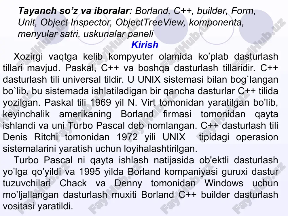 r, rasmlar, yozuvlar, taymerlar, kalendar va hokazolarni ilovaga kiritishimiz mumkin. vizual komponentalar palitrasi ma’nosiga va vazifasiga ko’ra guruhlarga ajratilgan. vizual komponentalar palitrasi. vizual komponentalar palitrasini bir qismi monitorda ko’rinib turadi, qolganlarini o’ng va chapga siljituvchi tugmachalar vositasida ko’rishimiz mumkin. ekran (monitor) markazida forma (shakl) dizayneri joylashgan. bu bo’lg’usi dasturning interfeysini hosil qiluvchi oynadir. oynaning nomi va sarlavhasi uning tepasida yozilgan bo’ladi. odatda, form l (form 2, form 3, form 4) va shuningdek oynani berkituvchi va kichraytiruvchi tugmachalar ekranning o’ng tepasida joylashgan bo’ladi. oynaning sathiga vizual dastur uchun zarur bo’ladigan vcl komponentalar joylashtiriladi. forma (shakl ) dizayneri dastur kodi muharriri obyektlar inspektori oynasi obyektlar inspektori oynasi ostida obyektlarni daraxtsimon ko’rinishi oynasi joylashgan. bu oynada ilovadagi barcha obyektlar daraxt strukturasi shaklida ifodalangan bo’ladi. formalar, dastur kodi va boshqa dastur tarkiblari fayllari berilgan bo’ladi. obyektlarni daraxtsimon ko’rish oynasi borland c++ builder 6 muhiti asosiy menyu buyruqlari file buyrug’i guruhi bu menyu buyruqlari fayllar …