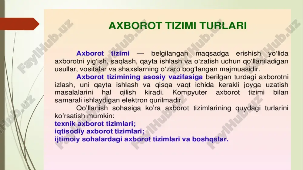 umotlar bazasidan foydalanishning texnologiyasini sxematik tasvirlang? bilimlarga erishish bloki nimalarni aks ettiradi? mantiqiy xulosalar bloki nimalarni yaratadi? amalda ekspert tizimlaridan qanday foydalaniladi? axborot ta`minoti deganda nimani tushunasiz? axborot tizimlariga qo`yiladigan talablar haqida tushuncha bering e’tiboringiz uchun raxmat! image1.jpg image2.jpg image3.png image4.png image5.png image6.png image7.png image8.png image9.png /docprops/thumbnail.jpeg