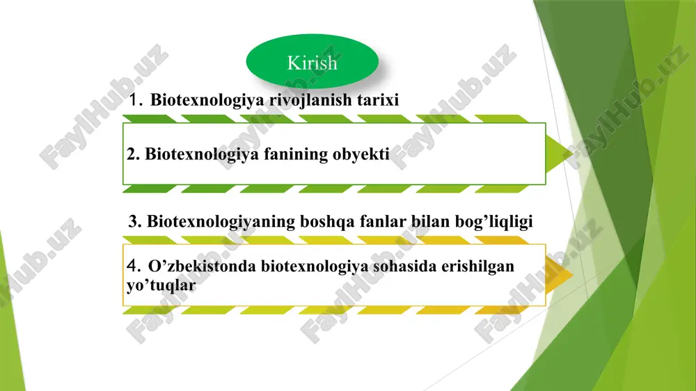 ha «fermentum» – achitqi yoki «enzim» grekcha «en» – ichki, «zim» tomizg‘i). fermentlar to‘g‘risidagi birinchi ma’lumotlar xvii asrda nemis olimi libaviya va golland olimi van gelmontlar tomonidan ferment xususiyatlarini spirtli bijg‘ish o‘rganishda aniqlangan. xviii asr oxirida reomyura va spallansiani yirtqich hayvonlarning me’da shirasida go‘shtni hazmlanishi mexanik ta’sirda emas, balki kimyoviy jarayon tufayli ekanligini isbotlaganlar. 1836-yili esa shvan me’da shirasida pepsin fermenti borligini kashf qilgan. rus olimi k.s. kirxgoff birinchi bor kraxmalni shakarga aylanishida kimyoviy moddalar (fermentlar) ishtirokini ko‘rsatgan bo‘lsa, 1837-yili payyen va perso ularni ajratib olgan va termolabilligini aniqlaganlar. shu yili berselius fermentlarni anorganik katalizatorlar bilan solishtiradi. m.m. manaseina, g. buxner va e. buxner bu yo‘nalishdagi ishlarni davom ettiradilar, 1894-yilda esa e.fisher fermentlar spetsifikligini «qulf-kalit» nazariyasi asosida isbotlab beradi. fermentlar muhandisligiuning asosiy vazifalari va maqsadi fermentlar injeneriyasining asosiy vazifasi - biologik tizim tarkibidan yoki hujayra ichidan ajratilgan fermentlarning katali­tik ta’sirida qo‘llaniladigan biotexnologik jarayonlar yaratishdan iborat. fermentlar muhandisligining asosiy maqsadlari 1. …