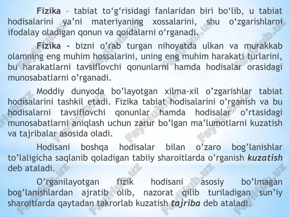 tenglama bo`ladi. nuqtaning fazodagi holatini aniqlovchi bog`liq bo`lmagan koordinatalar soni erkinlik daraja soni deyiladi. agar moddiy nuqta fazoda harakatlanayotgan bo`lsa uning erkinlik darajasi x,y,z koordinatalari bilan aniqlanadi. agar biror sirt bo`ylab harakat qilsa erkinlik daraja soni ikkita, agar biror chiziq bilan bo`lsa bitta bo`ladi. miqdoriy ifodalanishi mumkin bo’lgan fizik tushuncha fizik kattalik deyiladi. fizika qonunlari fizik kattaliklarni bir biriga bog`laydi, shuning uchun ham fizik kattaliklarni o`lchash zarurati paydo bo`ladi. fizik kattalikni o`lchash, bu o`lchash vositalari yordamida fizik kattalik miqdorini tegishli birliklarda aniqlash demakdir. umuman olganda fizik kattaliklar birligini ixtiyoriy tanlash mumkin, lekin ularni solishtirishlarda qiyinchiliklar paydo bo`ladi. shuning uchun hamma fizik kattaliklarni o`z ichiga oluvchi birliklar sistemasi olinishi maqsadga muvofiq bo`ladi. birliklar sistemasini yaratishda, ixtiyoriy bir-biriga bog`liq bo`lmagan fizik kattaliklar tanlanib olinadi. bu birliklar asosiy birliklar deb ataladi. qolgan kattaliklar va birliklar, bu kattaliklarni asosiy kattaliklar bilan bog`lanish qonunlaridan keltirilib chiqarilib hosilaviy birliklar deyiladi. fizik kattaliklar ikki turga bo’linadi: 1) …