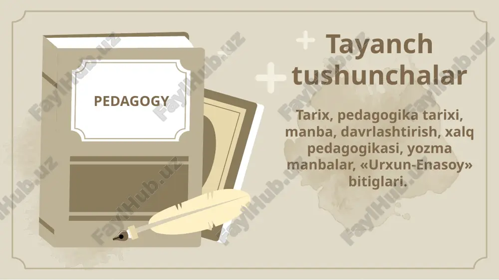 dirib olib, qolganini yondirib yuboradi. zardushtiylar hayotining asosiy mazmuni xayrli ish, shirin so’z, olijanob o’y-fikrdan iborat bo’lgan. insonning asosiy burchi adolatli turmush tarzi bo’lmog’i kerak. yaxshilikning yomonlik ustidan g’alaba qilishini ko’zlab yashash kerak: yolg’on gapirmaslik, so’zning ustidan chiqmoq, faqat yaxshilik qilmoq. zardusht dini bo’yicha har bir inson hayot yo’lini o’zi belgilaydi; kimga yon bosmoqlik, kimni himoya qilishni o’zi hal qiladi. zardushtiylikda olov, yer, suv va havo muqaddas sanaladi. ularni yomon, yovuz narsalar bilan aralashtirmaslik lozim. zardo’shtiylik axloqining asosiy uchligi inson ezgu so’z ezgu fikr ezgu amal 01 02 03 eng qadimgi yozma manbalarda ta’lim-tarbiya masalalari. 02 turkiy xalqlarning yozma ma’rifiy yodgorliklari o‘ziga xos xususiyatga ega bo‘lib, pedagogika tarixi, xususan, yosh avlod tarbiyasida muhim ahamiyat kasb etadi. bular «o‘rxun-enasoy yodgorliklari», «irq yozuvlari» («ta’birnoma») kabi manbalar bo‘lib, ulardan yangi davr kishisini tarbiyalashda foydalanish muhim vazifalardan sanaladi. eng qadimgi turkiy tilda yaratilgan va turk-runiy yozuvida bitilgan o‘rxun-enasoy bitiklarini «toshlarga bitilgan kitoblar», toshbitiklari deb …