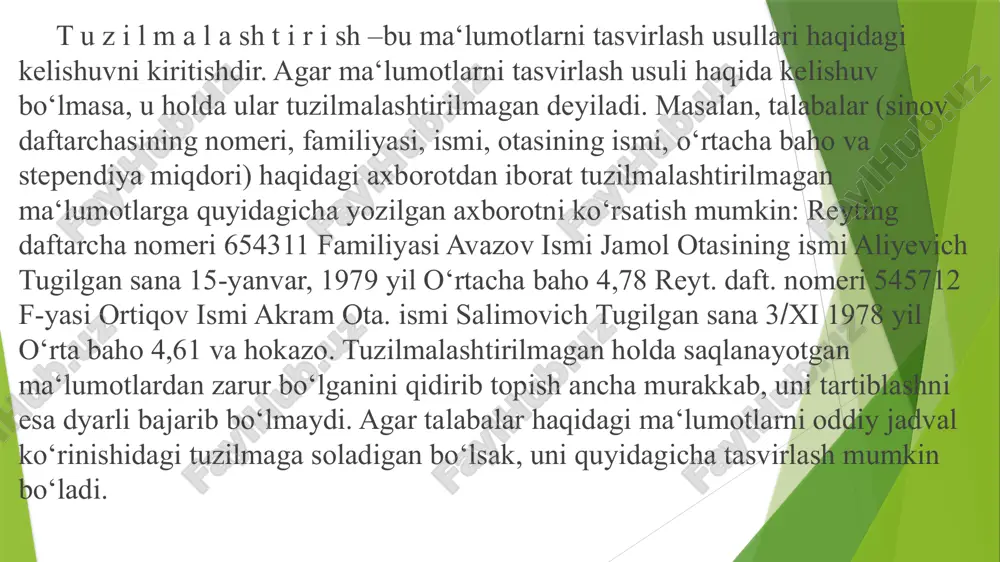 ga kiritiladigan ma‘lumotlar turlarini bildiradi. masalan, raqam ―n‖ (chislovoy), simvol (simvolniy), sana/vaqt (data/vremya), mantiqiy (logicheskiy). maydon o‟lchami (uzunligi). mb jadvali ustunlariga kiritiladigan ma‘lumotlarning maksimal uzunligi. masalan, eng ko‘p belgilar sig‘imi. aniqlik, (son turidagi ma‘lumotlar uchun) haqiqiy son o‘nlik kasr qismining maksimal uzunligi. yozuv –bu mantiqiy bog‘langan maydonlar to‘plami bo‘lib, mb jadvali qatoridir. fayl (jadval) - bu bir xil tuzilmaga ega yozuv nusxalari to‘plami. kalit. kalit yozuv nusxasini bir qiymatli aniqlash uchun xizmat qiladi. kalit bir yoki bir necha maydonni o‘z tarkibiga olishi mumkin. agar kalit faqat bir maydondan iborat bo‘lsa, oddiy deb, aks holda, u tarkibiy kalit deb ataladi. jadvalda student faylining mantiqiy strukturasi keltirilgan. ma’lumotlar bazasi turlari ierarxik mb – daraxtsimon shaklda tashkil etiladi. tarmoqli mb – bir nechta ota-ona va farzand aloqalari mavjud. relatsion mb – eng keng tarqalgan; jadvallar asosida tuziladi. obyektga yo‘naltirilgan mb – ob’yektlar asosida tashkil etilgan. nosql mb – katta hajmdagi va yarim tuzilgan …