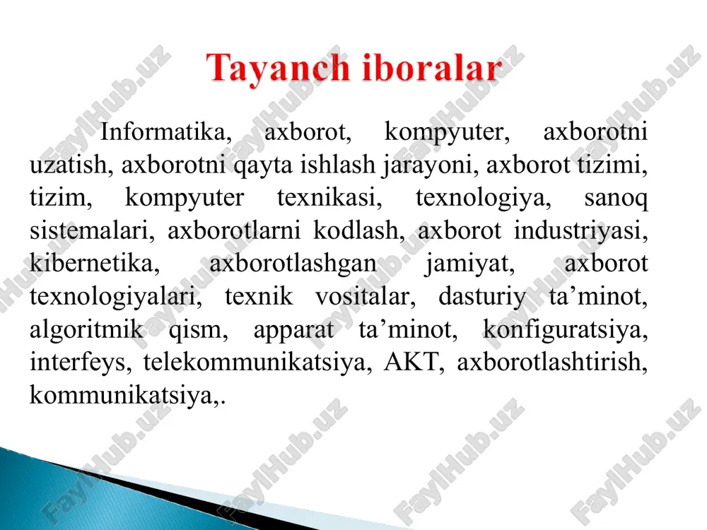 digan son - 0 yoki 1 degan ma’noni bildiradi. sakkizta bitlar ketma-ketligi yoki boshqacha qilib aytganda, sakkizta 0 va 1 ikkilik belgilar (masalan, 10001101) bayt deb ataladi. 1 bayt = 8 bit. kompyuter klaviaturasidagi har qanday belgi (katta yoki kichik harflar, raqamlar, belgilar, shu jumladan bo'sh joy belgisi) hajmi 1 baytni tashkil qiladi. endi biz matnning ma'lumot hajmini hisoblashimiz mumkin. undagi belgilar sonini hisoblash kerak. olingan qiymat baytlarda ko'rsatilgan ma'lumotlar hajmi bo'ladi. masalan, hujjat 30 sahifadan iborat bo'lib, har bir sahifada har biri 70 belgidan iborat 50 satr, shu jumladan so'zlar orasidagi bo'shliqlar mavjud. u holda har bir sahifada 70 * 50 = 3500 bayt ma'lumot, va butun hujjatda esa - 3500 * 30 = 105000 bayt bo'ladi. natijadan ko'rinib turibdiki, atigi 30 varaqni o'z ichiga olgan hujjat hajmi katta son bilan belgilanadi. gidromelioratsiya so’zida nechta bit bor? axborotlarni himoyalash ularni kodlash(shifrlash) orqali amalga oshiriladi. axborotni ma’lum bir qonun-qoida asosida …