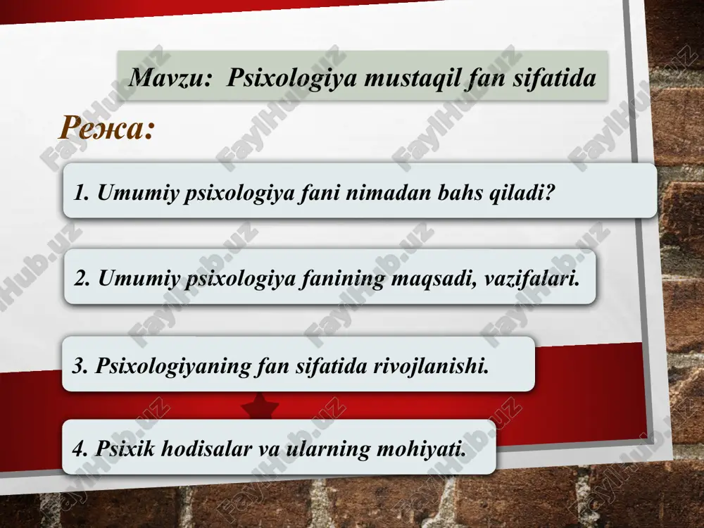 xologiyaning predmeti psixikadir. turli xil psixologik tendentsiyalar va maktablar mavjud. chet el psixologiyasidagi asosiy tushunchalar: bixeviorizm (o'zb. xatti - xulq-atvor) - chet el psixologiyasining yo'nalishlaridan biri bo'lib, uning dasturi 1913 yilda amerikalik tadqiqotchi jon uotson tomonidan e'lon qilingan bo'lib, u o'rganish mavzusi ong emas, balki xatti-harakatlar bo'lishi kerak deb hisoblaydi. chuqurlik psixologiyasi (freydchi) - bu zamonaviy xorijiy psixologiyaning asosiy yo'nalishlari guruhidir ongsiz mexanizmlar psixika, gestalt psixologiyasi - chet el psixologiyasida inson psixikasining yaxlitligidan kelib chiqqan holda, eng oddiy shakllarga qaytarilmaydigan yo'nalish. gumanistik psixologiya- zamonaviy psixologiyaning bir qator yo'nalishlari, ular birinchi navbatda shaxsning semantik tuzilmalarini o'rganishga qaratilgan. kognitiv psixologiya- psixologiyaning inson ongining kognitiv, ya'ni kognitiv jarayonlarini o'rganadigan bo'limi., genetik psixologiya–. uning tadqiqot predmeti - intellektning rivojlanishi va kelib chiqishi, tushunchalarning shakllanishi. psixik (ruhiy) hodisalarning butun majmuyi odatda psixika degan bir so'z bilan ataladi. psixika – yuksak darajada tashkil topgan materiyaning alohida hossasi bo’lib, obyektiv olamni subyektiv holatda aks ettirish. psixika – …