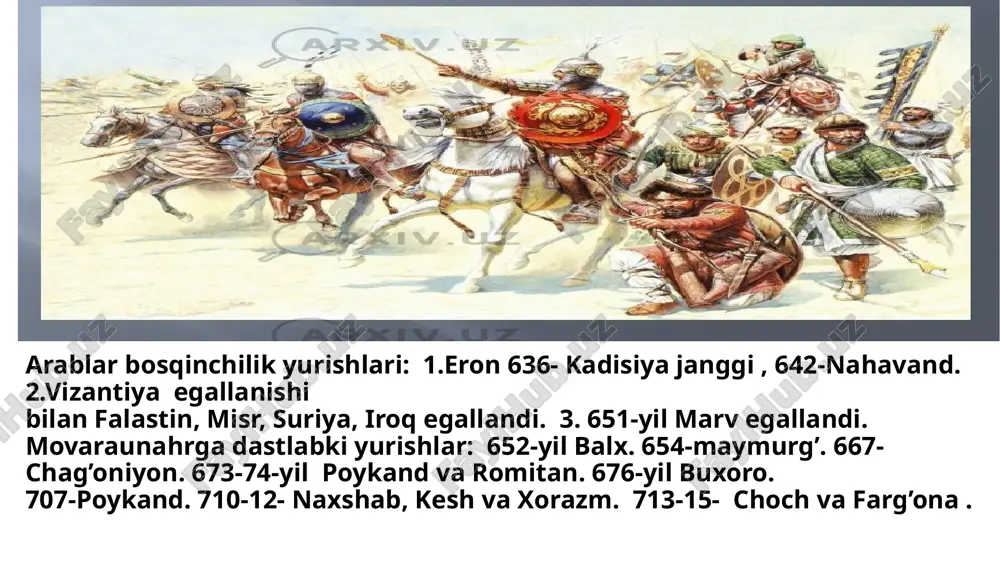 aq din uchun kurashuvchi jangchi) ham qo'shiladilar. qo'zg'olonga safforiylar – miskar hunarmand aka-uka ya'qub va amr ibn layslar boshchilik qiladilar qo'zg'olonchilar 873 yilda xuroson poytaxti nishopurni egallaydilar. natijada tohiriylar hukmronligi tugatilib, hokimiyat safforiylar (ya'qub ibn lays (873–879); amr ibn lays (879–900) qo'liga o'tadi nishopur (873 yil) somoniylar davlati. manbalar: somoniylar sulolasi va davlati tarixiga oid manbalar orasida abu bakr muhammad narshaxiyning (959-y. vafoti) «tarixi buxoro» abu ja’far muhammad jarir at-tabariyning (839-923) «lai'ix ar-rasul val muluk» («payg‘ambarlar va podshohlar tarixi»), ibn alasrning (1160- 1234) «al komil fit tarix» («mufassal tarix») kabi asarlari yuqori darajada o‘rin tutadi. x-x asrlar tarixi bo‘yicha xi asr tarixchisi abu said gardiziyning «zayn ul axbor», hamidulloh qazviniyning (xiii-xiv asrlar) «tarixi guzida» nomli asarlarida umumiv malumotlar uchraydi 20 somoniylar sulolasiga asos solinishi: ix asming ikkinchi yarmidan boshlab movarounnahr va xurosonda somoniylar sulolasi yuzaga keldi. bu sulolaga somon qishlog’i (manbalarda - balx yaqinida) oqsoqoli somonxudotning avlodlari asos solishadi. yirik …