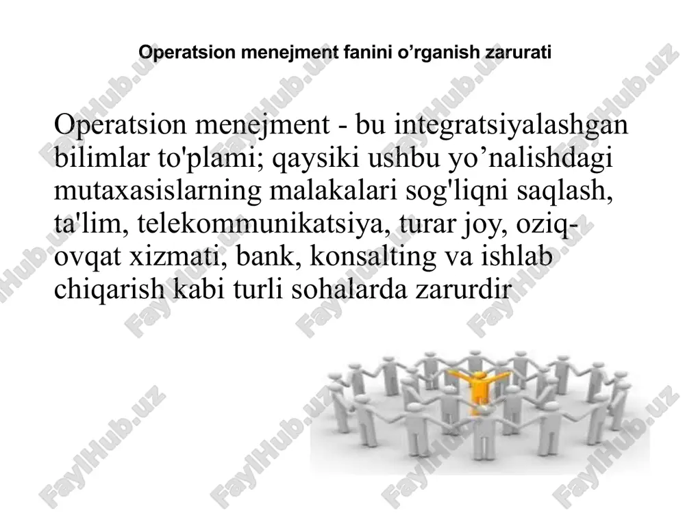 bu eng kam xarajat evaziga faoliyatni yaxshi bajarishni anglatadi operatsiyalarni boshqarish ta’rifi operatsiya bu nima? operatsiyalar - bu mahsulot yoki xizmatni etkazib berish uchun mas'ul bo'lgan funktsiya. operations menejment nima? tovarlarni yaratadigan va / yoki xizmatlarni ko'rsatadigan tizimlarni yoki jarayonlarni boshqarish. operatsion menejerlar nima ish qiladi? operatsion menejerlari operatsiyalar funktsiyasi bo'yicha qarorlar qabul qilish va transformatsiya jarayonini boshqarish orqali mijozlarga eng kam xarajat bilan qiymat beradi. operatsiyalarni boshqarish ta’rifi operatsion menejment bu: "tovarlar va xizmatlarning yaratilishi va mijozlarga muvaffaqiyatli etkazib berilishini ta'minlashning ilm-fan darajadagi san'ati" operatsiyalarni boshqarish ta’rifi shug’ullanadi : dizayn va boshqarish mahsulotlar jarayonlar xizmatlar yetkazib berish u firmalar o'z mijozlari xohlagan tovar va xizmatlarni etkazib berishlari uchun zarur bo'lgan resurslarni sotib olish, rivojlantirish va ulardan foydalanishni ko'rib chiqadi. operatsiyalarni boshqarish ta’rifi tovarlar va xizmatlar ishlab chiqarishni tashkil etish tovarlar - bu siz ko'rishingiz, tegizishingiz yoki iste'mol qilishingiz mumkin bo'lgan jismoniy mahsulot - uzoq muddatli mahsulotlar --> >= 3 …