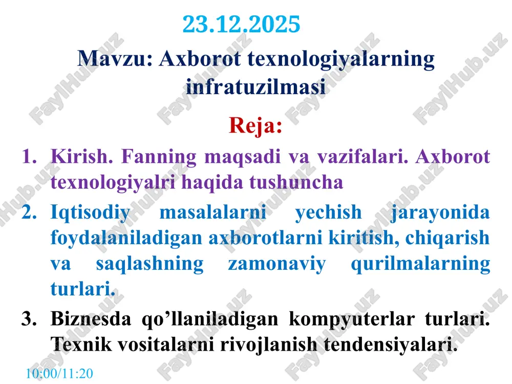 astlabki axborot texnologiyasi. yozma manbalar orqali axborotlarni tuzish, saqlash, qayta ishlash, uzatish imkoniyat-larini oshishi kuchli aloqa vositalari: radio, telefon, telegraf, televizorlarni yaratilishi. fotografiya va kino. axborotlarni magnit tashuvchilarda yozish imkoniyati -magnit lentalar va disklar axborot texnologiyalarining, hozirgi zamondagi o’rni va uning rivojlanish istiqbollari ibtidodiy davrga oid qoya toshlardagi rasmlar hayvonlar terisidagi yozuvlar chop qilingan qo’lyozmalar va kitoblar ehmlar uchun magnit va lazerli disklar nutq. axborotni uzatish va saqlash pochta aloqasi. axborotni tuzish, saqlash, qayta ishlash, uzatish (kommunikasiya) telegraf, telefon, radio kompyuter tarmoqlari, kommunikatsiya axborotni tuzish, saqlash, qayta ishlash va uzatishning evolyusiyasi insoniyatning o’zoro axborot almashish evolyusiyasi axborot texnologiyalarining, hozirgi zamondagi o’rni va uning rivojlanish istiqbollari axborotni uzatishning evolyusiyasi texnologiya evolyusiyasi shaxsiy komp’yuterning arxitekturasi shaxsiy kompyuter (shk) - bir ish o’rniga xizmat ko’rsatishga mo’ljallangan kompyuter. shaxsiy kompyuter (shk) stol portativ cho’ntak shaxsiy komp’yuterning arxitekturasi hardware + software kompyuterni tuzilishi shaxsiy kompyuterni apparat ta’minoti - axborotni kiritish, saqlash, qayta ishlash va chiqarish …