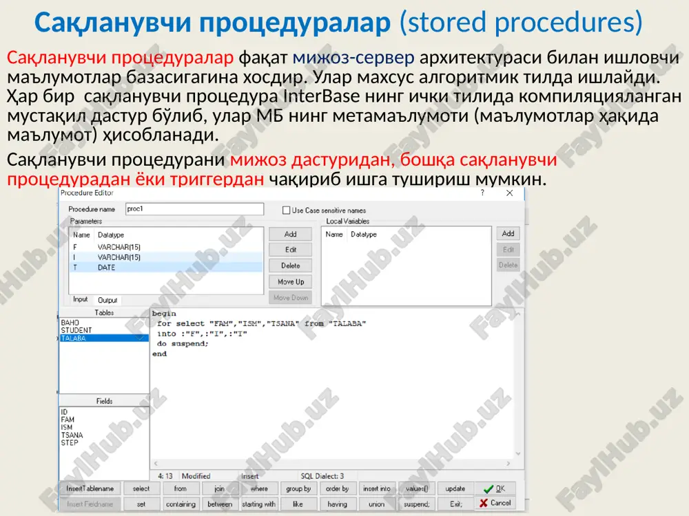 ame from staff where (street=:"ko_cha") into :"fam", :"ism", :"otasi" do begin suspend; end end ^ set term ; ^ bajarish uchun select * from tanlash( ‘alpomish’ ) ko'rinishida so'rov yoziladi saqlanuvchi protseduralar (stored procedures) bajariluvchi protseduralar bajariluvchi protseduralarda returns operatori ishlatilmasligi mumkin. xodim xaqidagi ma'lumotlarni o'chirish protsedurasini tuzamiz. set term ^ ; create procedure deleteemp (pempid integer) as begin delete from staff where id = :pempid; end ^ set term ; ^ protsedurani bajarish: 5 identifikatorli xodimni o'chirish execute procedure deleteemp 5 nazorat savollari interbase da ma’lumotlar bazasini yaratish qanday amalga oshiriladi ? generatorlar haqida ma’lumot bering. triggerlar haqida ma’lumot bering. indekslar haqida ma’lumot bering. cheklovlar haqida ma’lumot bering. birlamchi kalit haqida ma’lumot bering. qiymatlarni tekshirish haqida ma’lumot bering. saqlanuvchi prosteduralar haqida ma’lumot bering. tanlash prosteduralari haqida ma’lumot bering. bajariluvchi prostedurlar haqida ma’lumot bering. image1.png image2.png image3.jpeg image4.jpeg /docprops/thumbnail.jpeg
