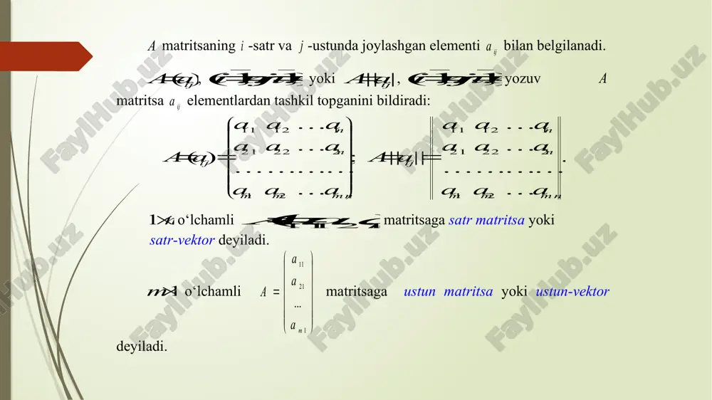 matritsalar bilan bir xil o ‘lchamga ega bo‘ladi. 2-ta’rif. )( ij aa va )( ij bb matritsalarning yig‘in disi deb, elementlari ijijij bac  kabi aniqlanadigan bac  matritsaga aytiladi. 1.2-misol.           103 411 a va           201 232 b bo‘lsin. ba ni toping. yechish. ba . 104 623 )2(10013 243121 201 232 103 411                                         aa  )1( matritsa a matritsaga qarama-qarshi matritsa deb ataladi. . ijijij bacbac  3-ta’rif. )( ij aa va )( ij bb matritsalarning ayirmasi deb )(babac  matritsaga aytiladi. bunda c matritsaning elementlari ijijijijij babac  )( …