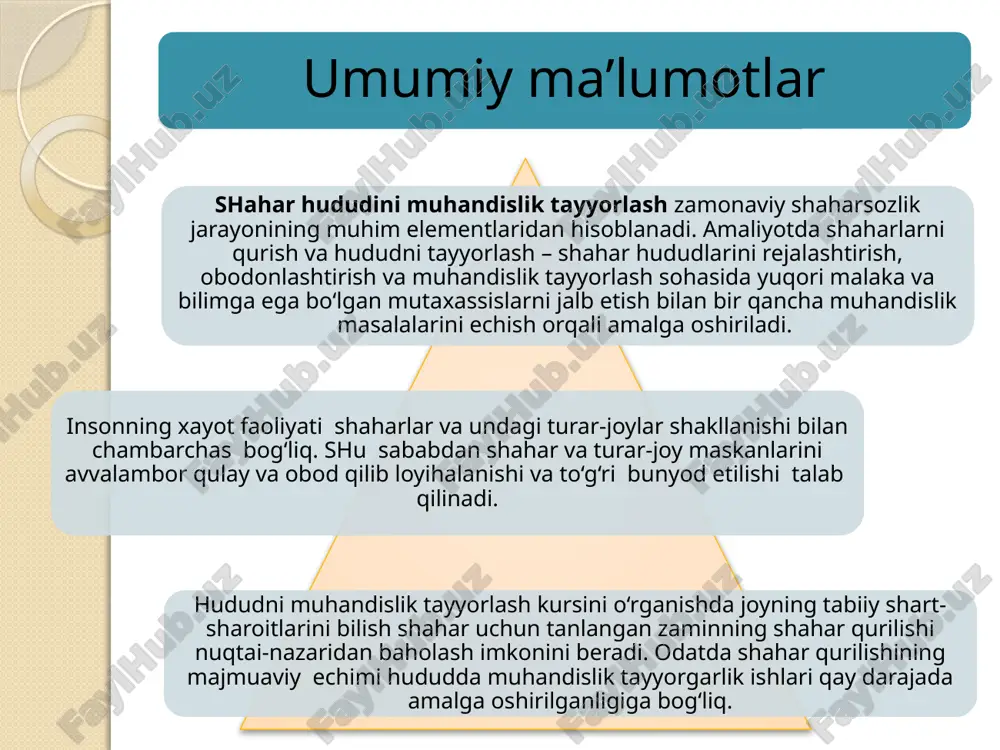 tqoqliklarni yo‘qotish, yuza suvlarning drenajini tashkillashtirish, shahar hududining landshaftini yaratish yo‘li bilan shaharning sanitar-gigienik sharoitini ta’minlashda ahamiyatga ega. hududdan to‘liq foydalanish shaharning zichligini, shahar ko‘chalari va yo‘llari, jamoat transporti trassalari va shahar aloqa tarmog‘ining qisqarishiga ta’sir ko‘rsatadi. umumiy qurilishga erosti birlashmalarni qistirish, yo‘llarni va binolarning poydevorini qurish kabi «boshlang‘ich sikl»dagi ishlar kiradi. «boshlang‘ich sikl»ni amalga oshirish uchun qulay sharoitni yaratish uchun ip bu sikl ishi boshlangunga qadar amalga oshirilishi kerak. qurilishning quyidagi asosiy turlari yordamida hudud ip si amalga oshiriladi: tuproq massasini joylashtirish, sepish va chuqur qazish uskunasi bilan bog‘liq yer ishlari; yuzadagi suvlarni chiqarib tashlashning ochiq yoki yopiq qurilmalari; ugvni pasaytirish zarurati bo‘lganda drenaj tizimlari qurilishi; hududning yuzasini barqarorlashtirish va boshqa maqsadlar (himoya devorlari, to‘g‘onlar va boshqalar)dagi inshootlarni qurish; to‘ldirilgan nishablarni va daralardagi tabiiy nishablarni, yemirilgan joylarni va daryo sohillarini mustahkamlash ip bo‘yicha iqtisodiy masalalar. muhandislik qurilmalariga, obodonlashtirish muhandisligiga va mtga shaharning turar-joy qismiga ajratilgan umumiy mablag‘ning 25%ga yaqini …