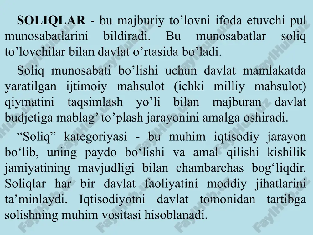 l munosabatlari soliq to‘lovchilar (yuridik va jismoniy shaxslar) bilan soliqni o‘z mulkiga aylantiruvchi (soliq oluvchi) davlat o‘rtasidagi munosabatlardir. soliqlar va soliqqa tortish fanining predmeti soliq munosabatlarini (harakatini) o‘rganishdir. fanning mohiyati shu o‘rtadagi moliyaviy munosabatni ya’ni soliq to‘lovchi bilan davlat o‘rtasidagi munosabatni chuqur o‘rganish, soliq munosabatlarida qatnashuvchi tomonlarning iqtisodiy manfaatini e’tiborga olish, muvozanatni saqlash kabi munosabatlarni tashkil qilish tushuniladi. bu muvozanatni saqlashda, tomonlar adolatlilik tamoyiliga amal qilish zarur. fanning predmetini chuqur o‘rganish shuni ko‘rsatadiki, munosabatlarda bir tomonlama zo‘ravonlik munosabati bo‘lguday bo‘lsa, ikkinchi tomon unga javoban o‘z daromadlari, boshqa soliq ob’ektlarini har xil yo‘llar bilan yashiradi. bunday hollarda, har qanday huquqiy hujjatlarning ham kuchi etmay qolishi mumkin. daromadlarni soliq sub’ektlarini yashirish holati ham munosabatlarni buzadi. demak, soliq nazariyasi fanini chuqur o‘rganish orqali amaliyotda soliq tushumlari rejalarini muvaffaqiyatli bajarish vazifasiga ham erishish mumkin. fanning vazifasi soliq mutaxassisi va boshqa soliq idoralari xodimlarini nazariy jihatdan qurollantirish hamda amaliyotda adashmaslik uchun yo‘l - yo‘riqlar ko‘rsatishdan …