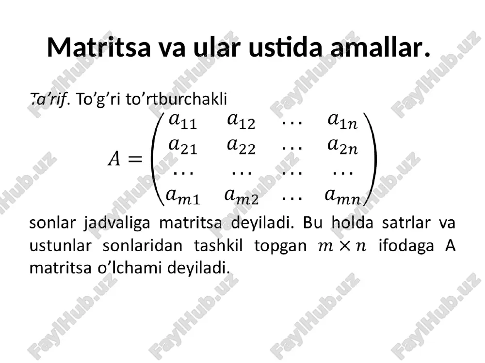 usuli. berilgan sistema elementar almashtirishlar yordamida unga ekvivalent bo’lgan sistemaga keltiriladi. elementar almashtirishlarga quyidagilar kiradi: - 0x1 + 0x2 + ... + 0xn = 0 nol satrni o’chirish; - tenglamar va tenglamalar qo’shiluvchilari o’rnini almashtirish; - bir tenglamani ikkala tomonini biror songa ko’paytirib boshqa bir tenglamaga qo’shish; - sistemaning boshqa tenglamalarining chiziqli kombinatsiyasi bo’lgan tenglamani o’cherish.. chiziqli tenglamalar sistemasi. kramer usuli. sistema matritsasi determinantini tuzamiz: , chiziqli tenglamalar sistemasi. kramer usuli. teorema (kramer qoidasi). a matritsa determinant bo’sin, esa ning j-ustunini b ozod hadlar ustuni bilan almashtirgandagi determinant bo’lsin. u holda agar bo’lsa, (1) sistema . (2) formula bilan aniqlanadigan yagona yechimga ega bo’ladi. chiziqli tenglamalar sistemasi. kramer usuli. misol. . yechish. chiziqli tenglamalar sistemasi. kramer usuli. sistema determinant noldan farqli bo’ganligi sababli (2) formula yordamida hisoblanuvchi yagona yechimga ega. . chiziqli tenglamalar sistemasi. gauss usuli. n ta noma’lumli m ta chiziqli tenglamalar sistemasini qaraymiz. (1) gauss usuli – noma’lumlarni …