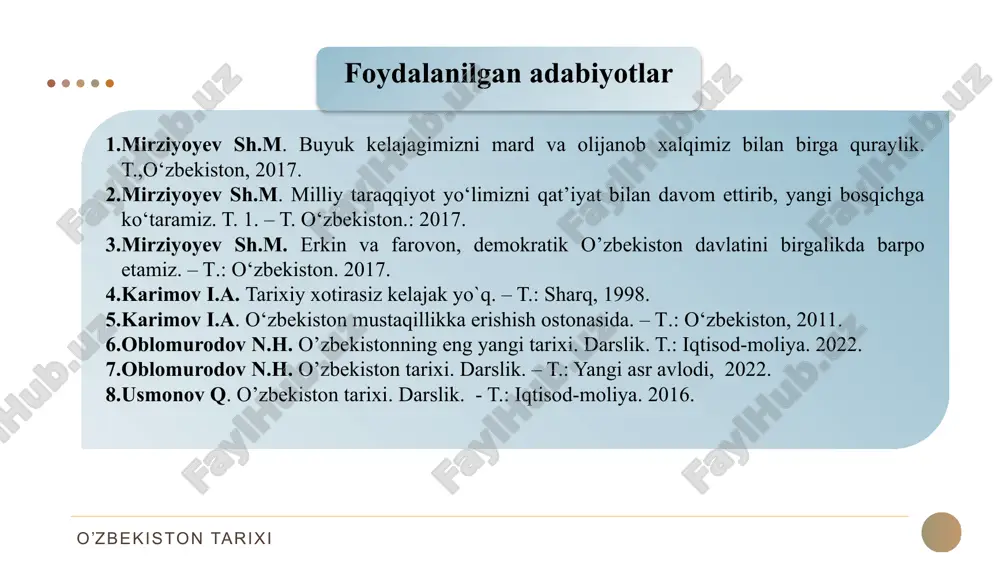 r bo’lib, ular voqea va xodisalarni bir butun va yaxlitlikda qamrab oladi. o’zbekistonning eng yangi tarixi fani obekti mustaqillik yillarida sodir bo’lgan barcha voqea va hodisalardir o‘zbekistonning eng yangi tarixi fanining predmeti 8 “o‘zbekistonning eng yangi tarixi” fanining uslubiy tamoyillari” tarixiylik tamoyili xolislik tamoyili manbalar bilan asoslanganlik tamoyili o‘zbekiston tarixining mintaqa va jahon tarixi bilan bog‘liqligi tamoyili o’zbekiston tarixi o‘zbekistonning eng yangi tarixi fanining maqsadi 9 o‘zbekiston tarixini o‘qitish orqali o‘quvchilar yurtimiz hududida kechgan ijtimoiy-siyosiy jarayonlarni mustaqil tahlil qilishga o‘rganadi, mazkur jarayonlarning rivojlanish qonuniyatlari, sabab va oqibatlarini tushunib hamda ochib berish orqali yoshlarning ilmiy dunyoqarashlarini shakllantirish, ularning ma’naviy-ma’rifiy salohiyatlarini yuksaltirish ajdodlar an’analariga sadoqat, milliy o‘zlikni anglashga o‘rgatish asosiy maqsad qilib belgilanadi. o’zbekiston tarixi o‘zbekistonning eng yangi tarixi fanining vazifalari 10 o‘zbekiston tarixi fani jahondagi ilg‘or, taraqqiyparvar, demokratik kuchlar hamda davlatlarning tajribalarini umumlashtirish asosida xalqimizda yangicha ijtimoiy-siyosiy dunyoqarash madaniyatini shakllanti-rish, taraqqiyotning umum e’tirof etilgan tamoyillariga asoslangan yo‘llarini to‘g‘ri belgilab olishga ko‘maklashish, …