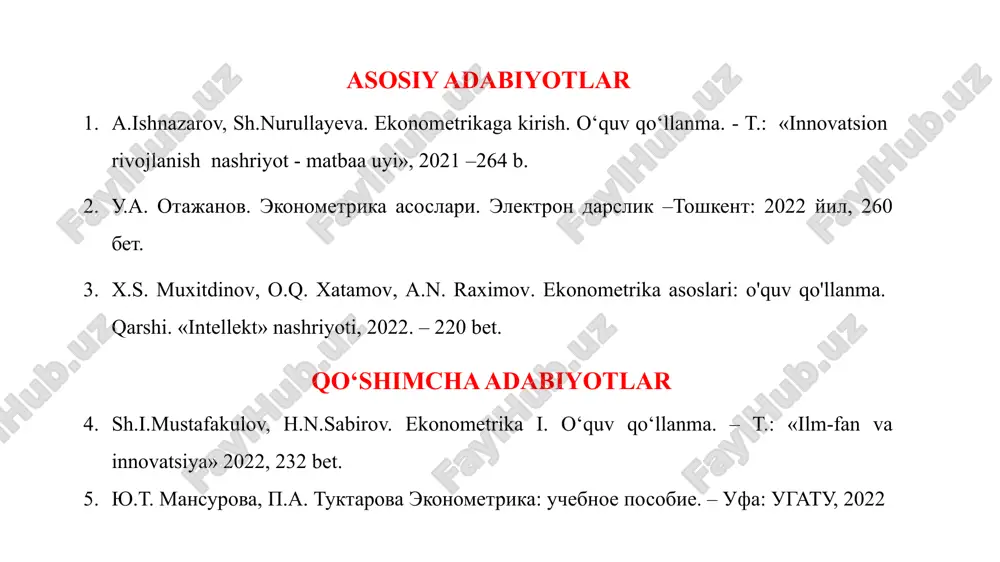 tuvchi - statistika, iqtisodiy nazariya va matematika fanlarining birlashuvidir» s. grilixes «...bizni o‘rab to‘rgan iqtisodiy dunyoni o‘rganish uchun bir vaqtning o‘zida bizning teleskopimiz hamda mikroskopimizdir» e. malenvo «...bizning hayoliy iqtisodiy tasavvurlarimizni empirik mazmun bilan to‘ldiradi» s. fisher «...iqtisodiy o‘zgaruvchilar o‘rtasida o‘zaro aloqalarni o‘lchash uchun statistik usullarni ishlab chiqish va qo‘llash bilan shug‘ullanadi» s. ayvazyan «...sifat jihatdan o‘zaro bog‘lanishlarga miqdoriy ifodani berishga imkon beruvchi usullar va modellar to‘plamini birlashtiradi» iqtisodiy ma’lumotlar dinamik qator yoki dinamik ustun ko’rinishida tuziladi, ya’ni ular vaqt bo’yicha o’zgaradilar. kuzatuvlar soni omillar sonidan 4-5 marta ko’proq bo’lishi kerak. ekonometrikaning asosiy maqsadi – omillararo bogʻlanishlarni, o‘zgarish qonuniyatlarini va tendensiyalarni o‘rganish hisoblanadi. ekonometrikaning vazifalari: modelni spesifikasiya qilish modelni parametrlashtirish modelni verifikasiya qilish model asosida prognoz qilish - empirik tahlil uchun ekonometrik modellarni tuzish; - tuzilgan model parametrlarini baholash; - model parametrlari sifatini va butun modelning o‘zini tekshirish; - ekonometrik modellashtirish natijalari bo‘yicha aniq iqtisodiy hodisalar uchun prognozlar tuzish va …