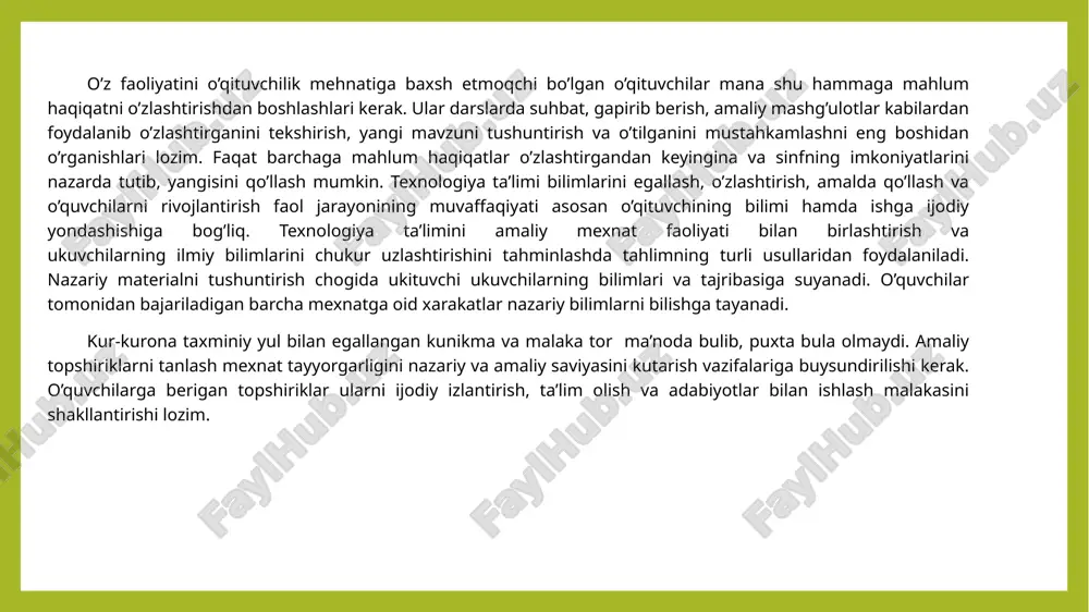 . ko’pgina o’qituvchilar o’qitishning turli metod va usullarini qo’llab shunungdek, sinfdan tashqari ishlarni qiziqarli tashkil etib, yaxshi o’zlashtirish natijalariga erishmoqdalar va bilimga muhabbat hamda qiziqishlarini sindirmoqdalar. bunday o’qituvchilar qo’l mehnatini o’rgatishda o’quvchilarga turmush sohasidagi bilim va ko’nikmalarni singdirish bilan birga, ularda ijodiy qobiliyatlarni va bilishga qiziqishini, mustaqil faollikni o’stirishga yordam bermoqdalar. o’qitish usullari bilimlarni shunday darajada egallanishiga xizmat qilishi kerakki, unda o’quvchilar chizmani o’qituvchi chizgan o’lchamlar asosida emas, balki buyumni istalgan o’lchami bo’yicha chizib, egallagan bilimlarini amalda qo’llay olsinlar. qo’l mehnatiga o’rgatishda qo’llaniladigan asosiy usullar tizimi quyidagichadir: 1. og’zaki bayon qilish. 2. tushuntirish va hikoya qilish. 3. suhbat. 4. mashqlar. 5. amaliy ishlar. 6. labaratoriya ishlari. 7. mustaqil ishlar. 8. ekskursiya. 9. kitob bilan ishlash. 10.texnik vositalar. texnologiya ta’limi jarayonida o’quvchilarni texnologiya ta’limi va tarbiyasiga tayyorlashda mana shu usullardan samarali foydalanilsa o’qituvchi o’quvchilarning texnologiya ta’limi va tarbiyasining malaka va ko’nikmalarini egallashlariga va mehnatga tayyorlash to’g’ri tarbiyalansa, haqiqiy mehnatkash uchun zarur …