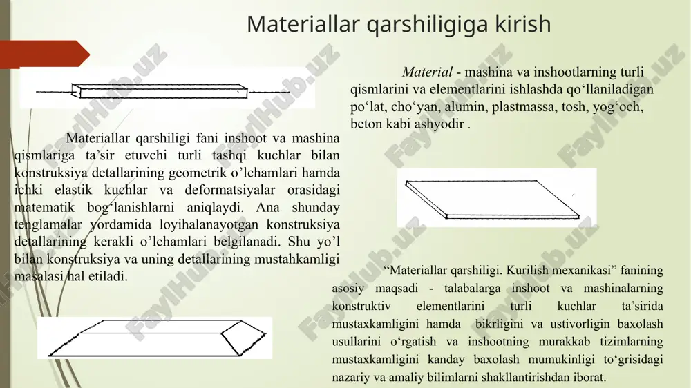 chik bo’lgan element ko‘p deformatsiyalanadi. texnikaning talabi shundayki, konstruksiya elementlari keragidan ortiqcha deformatsiya olmasligi kerak. ustuvorlik deganda, bo‘ylama kuchlar ta’sirida element o‘zining dastlabki muvozanat shaklini saqlab tura olish-olmasligi tushuniladi. siqiluvchan elementga ta’sir etayotgan bo‘ylama kuch, ya’ni elementning o‘qi bo‘ylab ta ’sir etayotgan kuch orta borib, ma’lum bir qiymatga erishganda element birdaniga egiladi, dastlabki to’g‘ri chiziqli muvozanati buziladi. bunda ustuvorlikning buzilishi deb ataladi. image1.png image2.png image3.png image4.png image13.png image14.png image15.png image16.png image17.png image5.png image6.png image7.png image8.png image9.png image10.png image11.png image12.png image18.png image19.png image20.png image21.png /docprops/thumbnail.jpeg