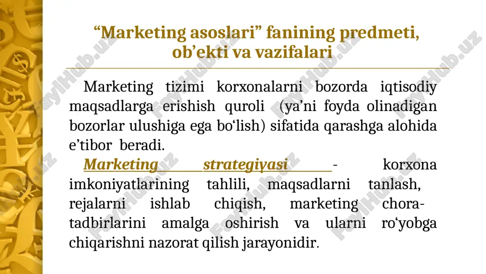 korlikda marketingni o‘rnini tavsiflab shunday deydi, ya’ni «marketing tadbirkorlikning tayanch omilidir. bu nafaqat yoqilg‘i, balki kema komandasidir». marketing elementlarining paydo bo‘lishi xix - asrning o‘rtalariga borib taqaladi. bu davrgacha tovarlarni natural ayirboshlashni turli shakllari paydo bo‘ladi, keyinchalik marketing faoliyatini birinchi elementlari, ya’ni reklama, narx, sotish kabilarni rivojlanishi kuzatildi. 1902 yildan boshlab aqshning michigan, kaliforniya va illinoys universitetlarida marketing fani kiritilib, bu muammolar bo‘yicha ma’ruzalar o‘qitila boshladi. keyinchalik marketing assotsiatsiyalari tashkil topdi. 1948 yildan boshlab marketing tovarlar va xizmatlar oqimini ishlab chiqaruvchidan oxirgi pirovard iste’molchi tomon yo‘naltirilgan xo‘jalik faoliyatini har xil turlarini amalga oshirish sifatida ko‘rina boshladi. marketing tushunchasi bozor sohasini har qanday faoliyati bilan bog‘liqdir, shu bois marketing so‘zini tarjimasi va kelib chiqishi keltiriladi (ing. market so‘zi – bozor, ing – faol, faoliyat, harakat ma’nosini anglatadi). aqsh va boshqa xorijiy davlatlar iqtisodiy adabiyotlarida marketing ta’rifini ko‘p turlari mavjuddir. eng keng tarqalgan marketing ta’rifi, u amerika marketing assotsiatsiyasi tomonidan berilgan bo‘lib, …