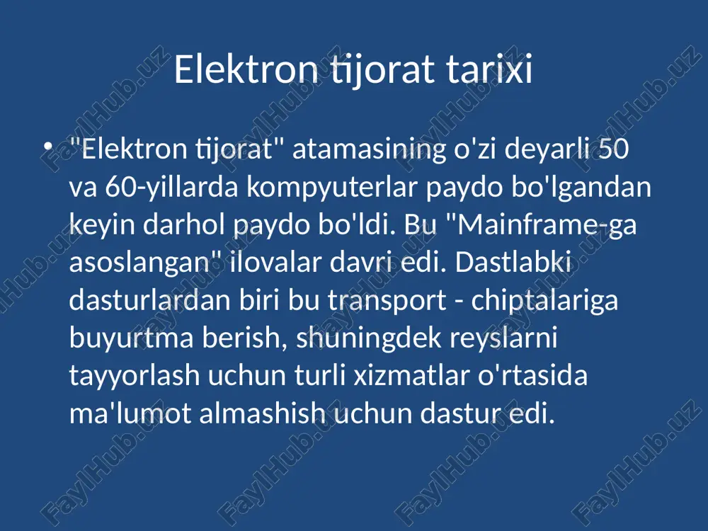 ernetdan foydalanadilar. ma'lumotlarning yaxlitligi va xavfsizligi elektron tijoratning dolzarb muammolari. elektron tijorat maqsadlari : tannarxni pasaytirish; ishlab chiqarish vaqtini qisqartirish; mijozlarning talablarini tezlashtirish; xizmat ko'rsatish sifatini oshirish. elektron tijoratning iqtisodiy sharoitf sezilarli darajada va quyidagicha ta'siri: narxlarga ta'siri - elektron bozorni yaratishdan boshqa narsa yo'q iste'molchilarni qidirishni osonlashtiradigan ma'lumotlarning kombinatsiyasi sifatida nafaqat tovarlar, balki eng maqbul narx; ishlab chiqarish samaradorligining pasayishi hisobiga tranzaktsiya xarajatlari, raqobatning kuchayishi va oshkora biznes bilan shug'ullanish; inventarizatsiyani qisqartirish - ma'lumotlar asta-sekin real bilan almashtirilmoqda zaxiralar, chunki ularni ortiqcha saqlash foydasiz, chunki tarkibiy qismlarni iste'mol qilish jarayonini to'g'ri tasavvur qiling. elektron tijorat quyidagilarni modelarni o'z ichiga oladi: elektron ma'lumotlar almashinuvi (electronis data interchange), elektron pul o'tkazmalari (electronic funds transfer), elektron tijorat (e-trade), elektron pullar (e-cash), elektron marketing (e-marketing), elektron bank (e-banking), elektron sug'urta xizmatlari (e-insurance). elektron tijoratning bozorlar va chakana sotuvchilarga ta'siri. elektron tijorat mijozlarga geografik to'siqlarni engib o'tishga imkon beradi va ularga istalgan vaqtda, istalgan …