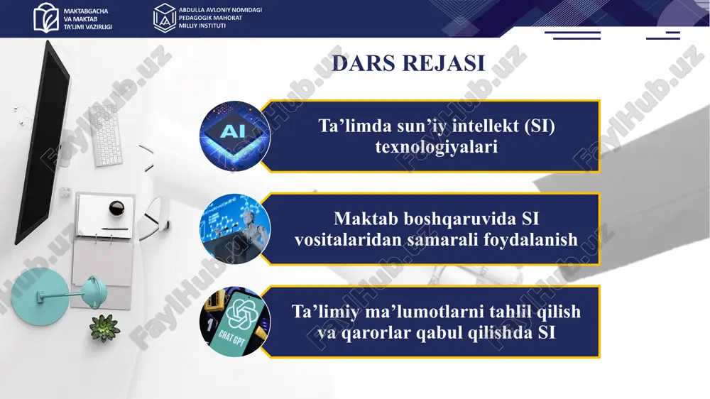 t vositasidan foydalanish kontekst va maqsadni tushuntiring “ushbu dokladni o’quv metodik kengashda foydalanish uchun qayta yozib ber” “yaratgan strategiya fan o‘qituvchilarga tushunarli bo‘lishi uchun sodda uslubda qayta ta’snif et.” boshqaruvda chatgpt vositasidan foydalanish aniq natija talab qiling “doklad 50 ta so’zdan iborat bo’lsin” “yangi yil tabrigini tuzishda “o’qituvchi”, “ota-ona”, “o’quvchi” kabi so’zlar qatnashsin” boshqaruvda chatgpt vositasidan foydalanish formatni ko‘rsating “dokladni qismlarga bo’lgan holda jadval ko’rinishida shakllantir” “yangi yil tabrigi rasmini yaratib ber.” boshqaruvda chatgpt vositasidan foydalanish javoblarni aniqlashtiring va qayta so‘rang “batafsilroq tushuntirib bering” “yana boshqa misol keltira olasizmi?” boshqaruvda chatgpt vositasidan foydalanish berilgan ma’lumotlarga tanqidiy qarang. har bir ma’lumot asosli va ishonchli ekanligini tekshiring. chatgpt foydali, ammo ba’zan noto‘g‘ri ma’lumotlar berishi mumkin. boshqaruvda chatgpt vositasidan foydalanish qonunga va jamiyatdagi axloqiy normalarga amal qiling. noqonuniy, axloqsiz yoki zararli ma’lumotlar so‘ramang. boshqaruvda chatgpt vositasidan foydalanish qonunga va jamiyatdagi axloqiy normalarga amal qiling. noqonuniy, axloqsiz yoki zararli ma’lumotlar so‘ramang. amaliy topshiriq chatgpt …