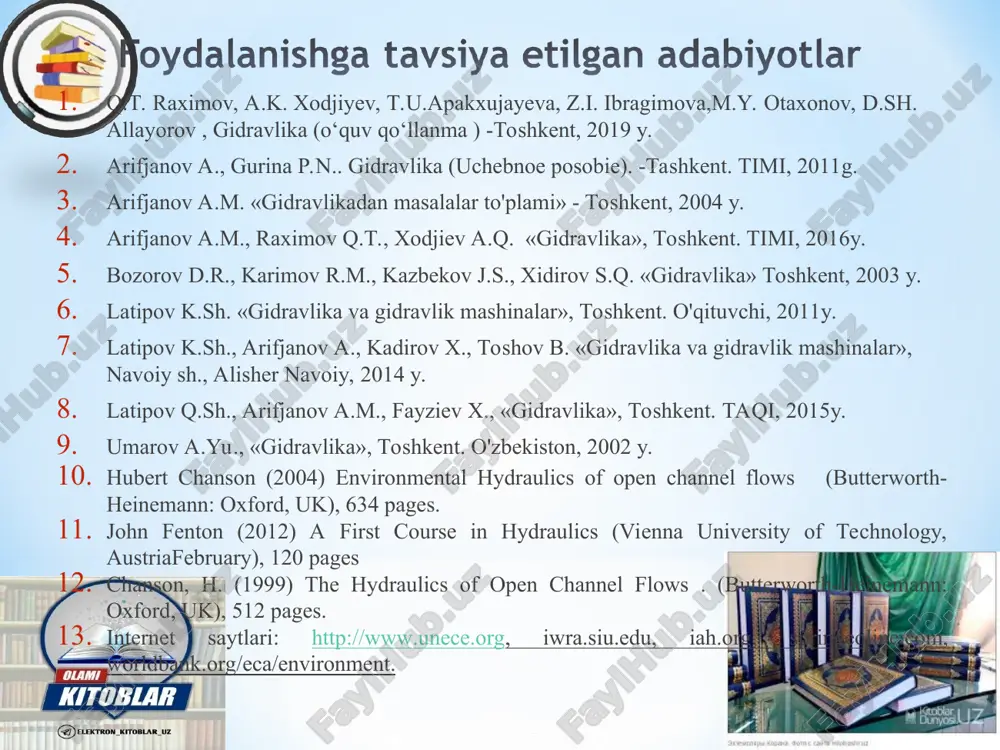 ga aloqador ilmiy ishlardan birinshisi arximedning "suzib yuruvshi jismlar haqida" asari yozilgan. su­yuqliklarning tinch xolati va harakat paytidagi xolatlari qonunlarini o’rganib, suyuqlik xarakatining differensial tenglamalarini ishlab chiqqan. osborne reynoldsning tadqiqotlari asosan mexanika, issiqlik uzatish, elektr energiyasi, magnetizm, astrofizikaga bag'ishlangan, ammo uning asosiy ishi turbulentlik nazariyasi, yopishqoq suyuqlik oqimining dinamik o'xshashligi nazariyasi va moylash nazariyasi bilan bog'liq. bernulli qonuni statsionar suyuqlik oqimining tezligi va uning bosimi o'rtasidagi bog'liqlikni o'rnatadi. ushbu qonunga ko'ra, agar suyuqlik bosimi oqim chizig'i bo'ylab oshsa, u holda oqim tezligi pasayadi va aksincha. leonard eyler leonhard euler 1707-1783 osborn reynol’ds osborne reynolds, 1842–1912 gidravlika sohasidagi birinchi ilmiy asar qadimgi yunon matematigi va mexanigi arximed (tax. eramizdan avvalgi 387 — 212-y.)ning «suzuvchi jismlar haqida» risolasi — traktati eramizdan avval 250 yil muqaddam vozilgan. arximedning suyuqlikka botirilgan jismning muvozanati qonuni keyinchalik kemalarning suzishi va ularning turg‘unligi haqidagi nazariya asosini tashkil etadi. gidravlika, keyinchalik xiv—xvii asrlarda taraqqiy etdi. italiyalik buyuk olim …