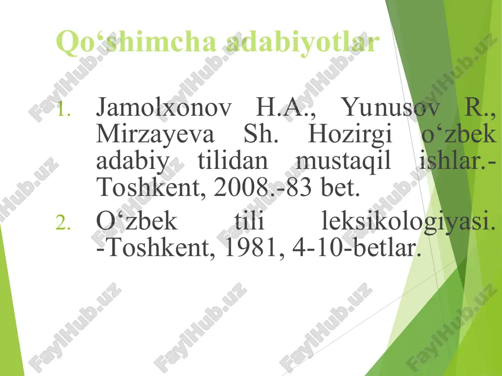 bu jarayonlarda lisoniy va nolisoniy (lingvistik va ekstralingvistik) omillarning ishtirokini o‘rganish; e) talabalarni leksikaga oid nazariy bilimlar bilan qurollantirish, ularda leksik-semantik tahlil ko‘nikmalarini shakllantirish. 4 leksikologiyaning turlari: umumiy leksikologiya xususiy leksikologiya 1. umumiy leksikologiyada barcha tillarning lug‘at boyliklaridagi umumiy holatlar, bu tizimlarning taraqqiyotini belgilovchi umumiy qonuniyatlar ko‘riladi. 2. xususiy leksikologiya xususiy leksikologiya muayyan bir tilning lug‘at boyligi o‘rganiladi: o‘zbek tili leksikologiyasi, rus tili leksikologiyasi, ingliz tili leksikologiyasi kabi. xususiy leksikologiyaning turlari: tavsifiy leksitavsifiy leksikologiyakologiya tarixiy lek tarixiy leksikologiyada sikologiya masalan: yog‘och- “daraxt” (eski o‘zbek tilida), “tayoq” (hozirgi o‘zbek tilida); chechak – “gul” (qadimgi va eski turkiy tillarda), “kasallikning bir turi” (hozirgi o‘zbek tilida), g‘am -“sevgi”, “muhabbat” (eski o‘zbek tilida), “tashvish” (hozirgi o‘zbek tilida) kabi. leksikologiyada lug‘at boyligining sistema sifatida o‘rganilishi: leksikologiyada tilning lug‘at boyligi sistema sifatida o‘rganiladi, chunki bu boylik so‘zlar va iboralarning oddiy, mexanik yig‘indisi emas, balki o‘zaro aloqada bo‘lgan, birining bo‘lishi ikkinchisining bo‘lishini taqozo qiladigan lugaviy birliklar va …