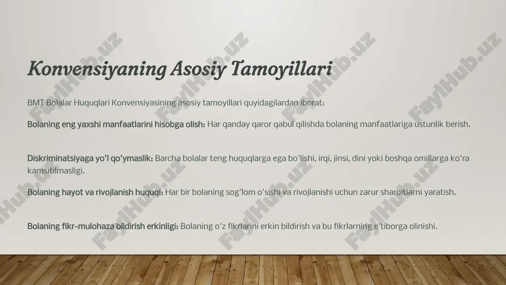 r yaratish. 6 konvensiyani amalga oshirish mexanizmlari konvensiyani amalga oshirish mexanizmlari bolalarning huquqlarini ta'minlashda muhim rol o'ynaydi. bu mexanizmlar quyidagilarni o'z ichiga oladi: pedagogik jamoaning rolini oshirish: pedagoglarning bolalar huquqlari bo'yicha bilim va ko'nikmalarini oshirish. huquqiy ta'lim va tarbiya: bolalarga o'z huquqlari haqida ma'lumot berish va ularni hurmat qilishga o'rgatish. monitoring va baholash tizimi: bolalar huquqlarining amalga oshirilishini monitoring qilish va baholash. bolalarning huquqlarini qo'riqlovchi mexanizmlar: bolalarning huquqlarini buzilishidan himoya qiluvchi mexanizmlarni yaratish va ularning faoliyatini ta'minlash. 7 zamonaviy ta'lim muassasalarida innovatsiyalar zamonaviy ta'lim muassasalarida innovatsion yondashuvlar bolalarning huquqlarini ta'minlashda muhim rol o'ynaydi. bu innovatsiyalar quyidagilardan iborat: inkluziv ta'lim: barcha bolalarning, shu jumladan, nogironligi bo'lgan bolalarning ham ta'lim olishi uchun sharoit yaratish. bolaning individual ehtiyojlarini hisobga olish: har bir bolaning individual ehtiyojlarini hisobga olgan holda, ularga ta'lim berish. psixologik qo'llab-quvvatlash: bolalarga psixologik yordam ko'rsatish va ularning ruhiy salomatligini ta'minlash. bolalarning ijodiy salohiyatini rivojlantirish: bolalarning ijodiy qobiliyatlarini rivojlantirish uchun imkoniyatlar yaratish …