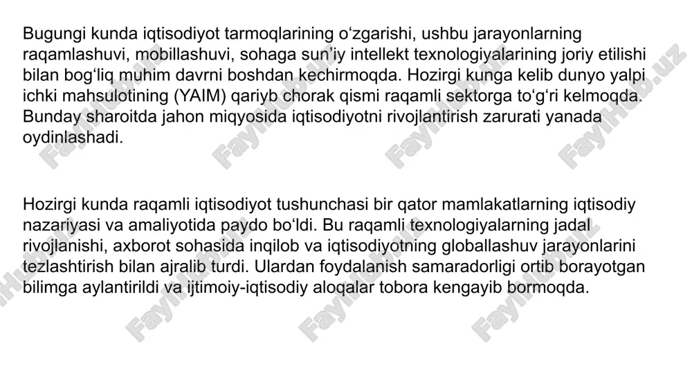 dan dasturiy kod moddasini tashkil etuvchi bitlarni qayta ishlashga o‘tish metaforasidan foydalangan lin margerio(1999) nil leyn(1999) don tapskot(1994) aktdan keng foydalanishga asoslangan iqtisodiyot 1. internet tarmog‘ining kengayishi (tarqalishi). 2. korxonalar o‘rtasida elektron savdo. 3. tovar va xizmatlarni raqamli yetkazib berish. 4. jismoniy tovarlarning chakana savdosi. rob kling va r. lamb(2000) raqamli mahsulotlar va xizmatlar akt sanoati raqamli iqtsodiyot ta’riflari to insert your own icons*: insert >> icons (*only available to office 365 subscribers) www.presentationgo.com © presentationgo.com by: .com yevropa parlamenti tovar va xizmatlar ishlab chiqarish hamda ular savdosida raqamli texnologiyalardan keng foydalanish” cheksiz va uzluksiz o‘sib boruvchi tugunlar soni bilan bog‘liq n-darajali sonlardan tashkil topgan murakkab tuzilma iqtisodiy hamkorlik va taraqqiyot tashkiloti (ihtt) – bir qancha umummaqsadli texnologiyalar jamlanmasi jahon banki bmtning savdo va taraqqiyot bo‘yicha konferensiyasi tub asosi real vaqt rejimida ma’lumotlar almashinuvidir... bu raqamli aktdan foydalanishga asoslangan ijtimoiy-iqtisodiy va madaniy aloqalarning yig‘indisidir. raqamli iqtisodiyotning mohiyati va xususiyatlari raqamli …