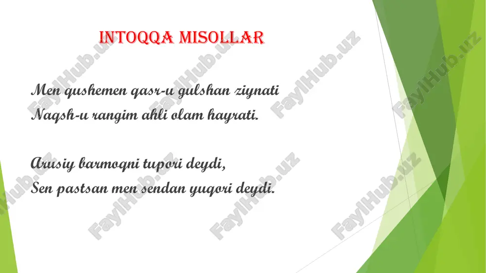 hi yog’du bilan irsoli masalga misollar ruju’ shoir tasvir jarayonida o‘zining oldingi fikridan voz kechib, uning o‘riga yangi fikr keltiradi. azm ayla,sabo,ul guli handonimg’a, ne gulki,quyoshdek mohi tobonimg’a. yug’lab turdim,yig’lab turdim emas,unda tirik o’ldim. meni ishqdin ma’n etar sodda shayx, dema sodda shayx,aytkim loda shayx. ruju’ga misollar talmi mulamma’ shir-u shakar rang-barang qilmoq degan ma’noni bildiradi. she’rda turli tildagi so‘zlardan foydalanish. talmiga misollar ba xudoki,xastalarg’a yuzungiz g’amidin o’lmak, du hazor bora xushtar zi hayoti jovidoni . beruniy bobomiz shu,ismi ham abu rayhon, ba forsi guftaam gar az zamoni pur sino. iyhom shubhaga solish, chalkasht irish. bir so‘zda turli ma’nolar ni berish. ne shirin o’g’ridur og’zing olib ko’nglungni to’yg’uncha, yoshundi har necha so’rsam,topilmas infi olindin. so‘z labidin ul ado birla chiqorkim, rashkidin, tushgusidir la’li serob-u dur-u maknunga o‘t iyhomga misollar qilsa zulm ul zolim elni qilmag’il, yo rab, zabun chun tazallumdur ishim, doim meni mazlum qil. men bo’lg’ay jondin fido bo’lguncha …