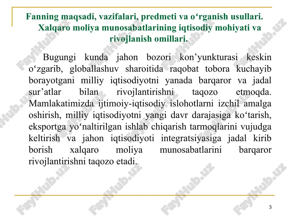 r turli mamlakatlarga tegishli boʻladi, shu boisdan mamlakatlar oʻrtasidagi pul oqimlari xarakatini namoyon etadi. * * xalqaro moliya munosabatlarining sub’ektlari sifatida quyidagilar ishtirok etadi: davlat, korxona, tashkilotlar, firmalar hamda xalqaro tashkilotlar va moliya institutlari, transmilliy korporatsiyalar, transmilliy banklar, birjalar, jismoniy shaxslar. xalqaro moliya munosabatlari turli mamlakatlarning xoʻjalik yurituvchi sub’ektlari oʻrtasida, davlat va boshqa mamlakatlar xukumatlari hamda xalqaro tashkilotlar oʻrtasida, davlat va korxonalar bilan xalqaro moliya institutlari oʻrtasida yuzaga kelishi mumkin. * * xalqaro moliya shakllanishi va rivojlanishining asosiy omillari: jahon bozorlarining vujudga kelishi, ayniqsa tovar bozorlari. xalqaro mehnat taqsimoti. iqtisodiy aloqalarning globallashuvi. iqtisodiy va ijtimoiy sohalarda integratsiya jarayonlarining kuchayishi. ilmiy-texnika taraqqiyoti. xalqaro moliya munosabatlarining koʻp tomonlama tartibga solish tizimini takomillashtirilishi. jahon iqtisodiyotida global muammolarning keskinlashuvi. * xalqaro moliya yaxlit tizim sifatida faoliyat koʻrsatadi va uning elementlariga quyidagilar kiradi: jahon valyuta tizimi. xalqaro hisob-kitoblar – moliyaviy instrumentlar, ishlab chiqarish omillari, tovarlar xarakati, shuningdek, xalqaro hisob-kitoblar bilan bog’liq barcha operatsiyalarni aks ettiruvchi …