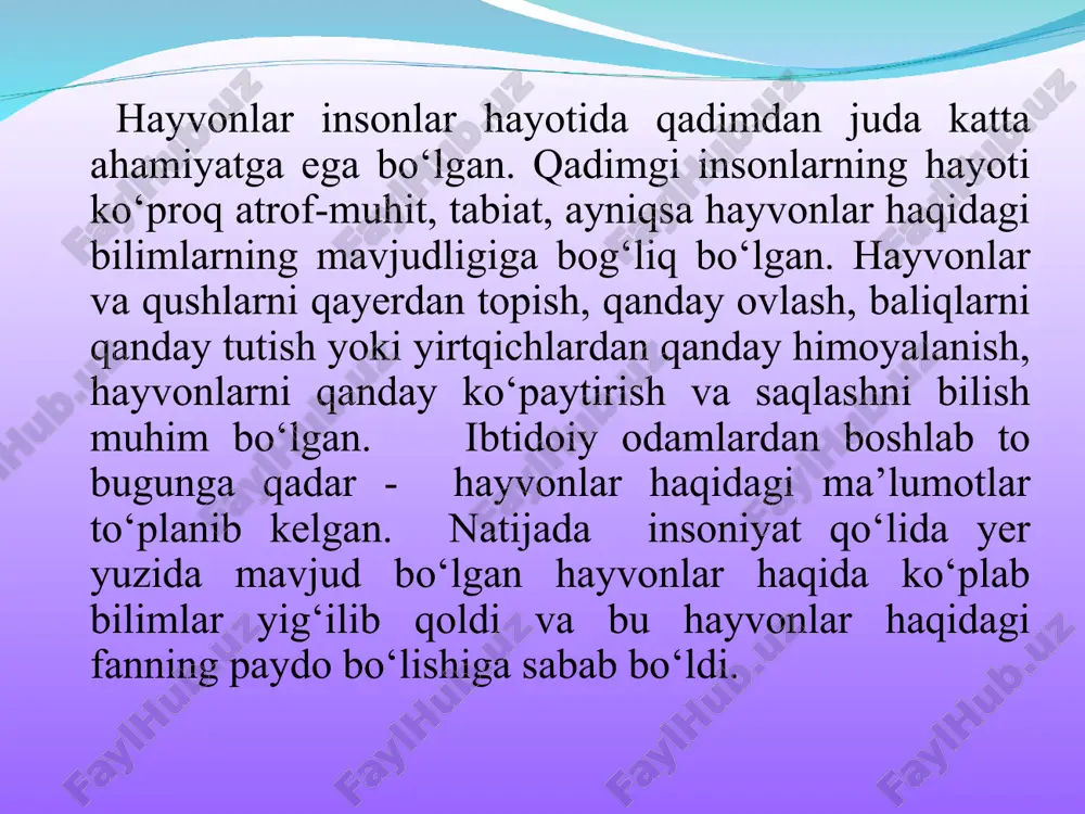 ani to’liq tekshiradi. gel’mintologiya-parazit chuvalchanglar haqidagi fan. parazit chuvalchanglarning tuzilishi va hayot faoliyatidan tashqari ular keltirib chiqaruvchi kasalliklar va ularga qarshi kurashish tadbirlarini ham ishlab chiqadi. malakalogiya-mollyuskalar haqidagi fan. akarologiya-kanalarni o’rganadigan fan. entomologiya-hasharotlar dunyosini to’liq o’rganadi. ixtiologiya-baliqlarni o’rganadi va baliqchilikni rivojlantirish bilan shug’ullanadi. gerpitologiya-suvda va quruqlikda yashovchi, hamda sudralib yuruvchilar haqidagi fan. ornitologiya-qushlarni o’rganuvchi fan. teriologiya yoki mammalogiya-sut emizuvchi hayvonlarni har tomonlama o’rganuvchi fandir. * * umurtqasiz hayvonlarni tibbiyot va inson hayotidagi roli nihoyatda turli-tumandir. 1. tabiatda modda almashinuvida-(turli xil umurtqasiz o’simliklar bilan oziqlanib ularni mineral moddalarga aylantiradi (tuproq hosil bo’lishi), o’likxo’r hayvonlar maydalaydi, ya’ni geterotrof organizimlar organik moddalar bilan oziqlanadi). tabiatdagi oziqa zanjiri-bu organik moddalar harakati demakdir. 2. yer yuzida okeanlarning cho’kindi sathi umurtqasiz hayvonlarning qoldiqlaridan hosil bo’lgan foraminaferalarning (29% yoki 128,5 mln kv.km, nurlilar-3,4% marjon polinlar-3%) bulutlar, ninatanlilar, mollyuskalar. shunday qilib,okeanlarning 36% yoki er qoplamining 25% umurtqasiz hayvonlarning qoldiqlaridan tashkil topgan. marjon poliplardan riflar hosil bo’lgan. avstraliya qit’asi …