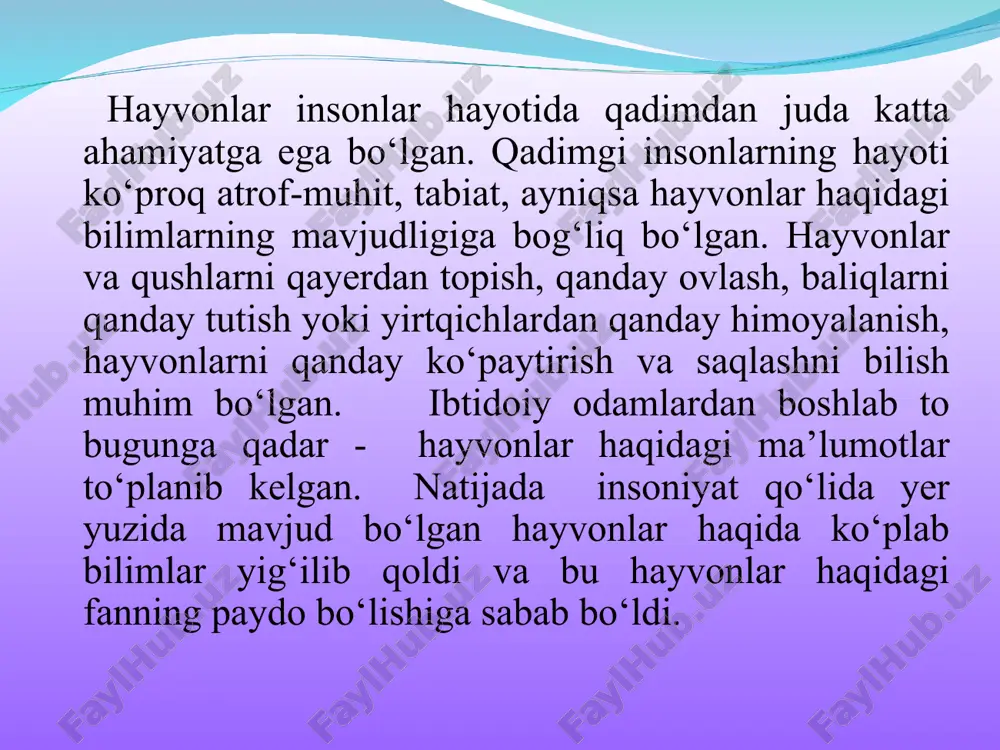 gliq bo’lgan barcha sohani to’liq tekshiradi. gel’mintologiya-parazit chuvalchanglar haqidagi fan. parazit chuvalchanglarning tuzilishi va hayot faoliyatidan tashqari ular keltirib chiqaruvchi kasalliklar va ularga qarshi kurashish tadbirlarini ham ishlab chiqadi. malakalogiya-mollyuskalar haqidagi fan. akarologiya-kanalarni o’rganadigan fan. entomologiya-hasharotlar dunyosini to’liq o’rganadi. ixtiologiya-baliqlarni o’rganadi va baliqchilikni rivojlantirish bilan shug’ullanadi. gerpitologiya-suvda va quruqlikda yashovchi, hamda sudralib yuruvchilar haqidagi fan. ornitologiya-qushlarni o’rganuvchi fan. teriologiya yoki mammalogiya-sut emizuvchi hayvonlarni har tomonlama o’rganuvchi fandir. * * umurtqasiz hayvonlarni tibbiyot va inson hayotidagi roli nihoyatda turli-tumandir. 1. tabiatda modda almashinuvida-(turli xil umurtqasiz o’simliklar bilan oziqlanib ularni mineral moddalarga aylantiradi (tuproq hosil bo’lishi), o’likxo’r hayvonlar maydalaydi, ya’ni geterotrof organizimlar organik moddalar bilan oziqlanadi). tabiatdagi oziqa zanjiri-bu organik moddalar harakati demakdir. 2. yer yuzida okeanlarning cho’kindi sathi umurtqasiz hayvonlarning qoldiqlaridan hosil bo’lgan foraminaferalarning (29% yoki 128,5 mln kv.km, nurlilar-3,4% marjon polinlar-3%) bulutlar, ninatanlilar, mollyuskalar. shunday qilib,okeanlarning 36% yoki er qoplamining 25% umurtqasiz hayvonlarning qoldiqlaridan tashkil topgan. marjon poliplardan riflar hosil …