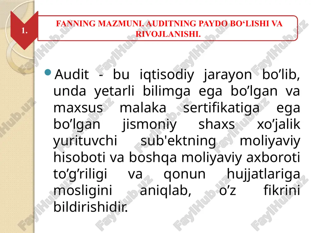 a muvofiq ekanligini aniqlash maqsadida mustaqil ekspertiza va tahlil qilish, buxgalteriya hisobi va boshqa moliyaviy hisobotlarga qo’yiladigan talablarga muvofiqligini, ularning to’liqligi va aniqliligining tekshirish demakdir. shuningdek, audit tarkibiga konsalting, ya'ni mijozlarga shartnomaga asosan xizmatlar ko’rsatish ham kiradi. auditning maqsadi va vazifalari. auditning maqsadi - amaldagi qonunchilik, auditorlik faoliyatini me'yoriy tartibga soluvchi tizim, auditor va mijoz o’rtasidagi o’zaro shartnoma majburiyatlari bilan belgilanadigan aniq masalani echishdan iboratdir. auditorlik faoliyatining maqsadi - xo’jalik yurituvchi sub'ektlarning buxgalteriya (moliyaviy) hisobotini ishonchliligini hamda amalga oshirilgan moliyaviy va xo’jalik operatsiyalarning me'yoriy hujjatlarga muvofiqligini aniqlashdan iborat. auditning asosiy vazifasi - quyidagi maqsadlarga erishish uchun moliyaviy hisobotlarni tekshirishdir: -hisobotlarning ishonchliligini tasdiqlash yoki ishonchsizliligini qayd etish; -tekshirilayotgan davrda korxona faoliyati natijasida hisob va hisobotda xarajatlar, daromadlar va moliyaviy natijalar to’liq, ishonchli va aniq aks etilganligini tekshirish; -hisobni yuritish va hisobotni tuzish, aktivlar, majburiyatlar va xususiy kapitalni baholash uslubiga oid qoidalarini tartibga soluvchi amaldagi qonunchilikka va me'yoriy hujjatlarga rioya qilinishi yuzasidan …