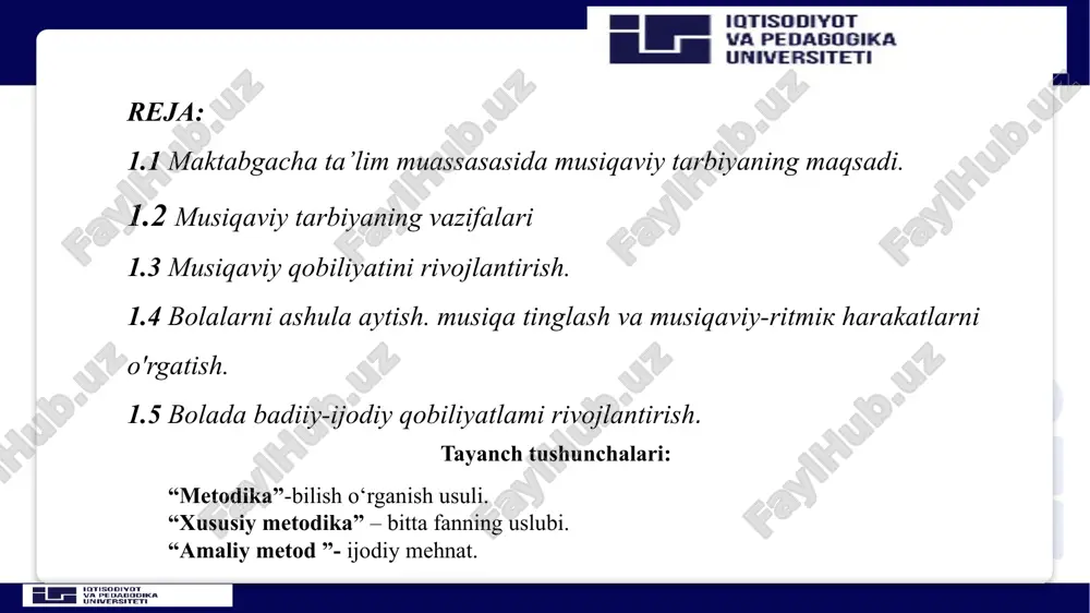 ni egallaydi. xalq pedagogikasi o’sib, rivojlanib borayotgan bir davrda xalq musiqiy namunalarini o’rganish atoqli san‘atkorlar ijodidan mashg‘ulot jarayonida keng foydalanish musiqa rahbari oldida turgan dolzarb vazifalardan biri ekanligi ta‘kidlanadi. xalq pedagogikasi o’sib, rivojlanib borayotgan bir davrda xalq musiqiy namunalarini o‗rganish atoqli san‘atkorlar ijodidan mashg‘ulot jarayonida keng foydalanish musiqa tugaragi rahbari oldida turgan dolzarb vazifalardan biri ekanligi ta‘kidlanadi. mazkur tavsiyada mavjud pedagogik vazifalar saqlangan holda, o’zbekistonga xos milliy qadriyatlar, an‘analar, xalq ijodi, musiqani bolalarning idrok etish qobiliyati darajasiga bosqichma-bosqich tatbiq etish nazarda tutiladi. 1.2 musiqaviy tarbiyaning vazifalari 8 strelkalar yordamida cholg‘u asboblarning bir biriga mosligini toping tavsiya etilayotgan ko’rsarmalar, musiqa repertuari jonajon vatanga muhabbat, mehnatsevarlik, tabiatni e‘zozlash, do’stlik, hamjihatlik, rahm-shavqat kabi hislar musiqiy obrazlar orqali idrok etishga qaratilgan va mashg’ulot jarayonida quyidagi ijrochilik malakalarini shakllantirish zarur. tovushni to’g’ri ohangda ijro etish, musiqa ostida ritmik harakatlarni ifodali bajara olish, cholg’u asboblarining tovushiga ko’ra ajrata olish va ularni aniq uslublarda, bolalar cholg’u asboblarida …
