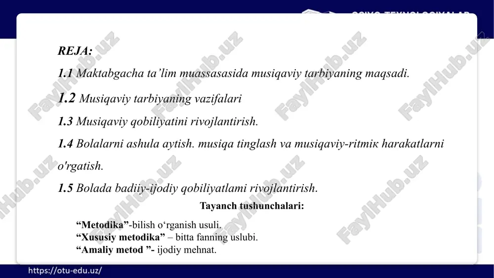 ni egallaydi. xalq pedagogikasi o’sib, rivojlanib borayotgan bir davrda xalq musiqiy namunalarini o’rganish atoqli san‘atkorlar ijodidan mashg‘ulot jarayonida keng foydalanish musiqa rahbari oldida turgan dolzarb vazifalardan biri ekanligi ta‘kidlanadi. xalq pedagogikasi o’sib, rivojlanib borayotgan bir davrda xalq musiqiy namunalarini o‗rganish atoqli san‘atkorlar ijodidan mashg‘ulot jarayonida keng foydalanish musiqa tugaragi rahbari oldida turgan dolzarb vazifalardan biri ekanligi ta‘kidlanadi. mazkur tavsiyada mavjud pedagogik vazifalar saqlangan holda, o’zbekistonga xos milliy qadriyatlar, an‘analar, xalq ijodi, musiqani bolalarning idrok etish qobiliyati darajasiga bosqichma-bosqich tatbiq etish nazarda tutiladi. 1.2 musiqaviy tarbiyaning vazifalari 8 strelkalar yordamida cholg‘u asboblarning bir biriga mosligini toping tavsiya etilayotgan ko’rsarmalar, musiqa repertuari jonajon vatanga muhabbat, mehnatsevarlik, tabiatni e‘zozlash, do’stlik, hamjihatlik, rahm-shavqat kabi hislar musiqiy obrazlar orqali idrok etishga qaratilgan va mashg’ulot jarayonida quyidagi ijrochilik malakalarini shakllantirish zarur. tovushni to’g’ri ohangda ijro etish, musiqa ostida ritmik harakatlarni ifodali bajara olish, cholg’u asboblarining tovushiga ko’ra ajrata olish va ularni aniq uslublarda, bolalar cholg’u asboblarida …