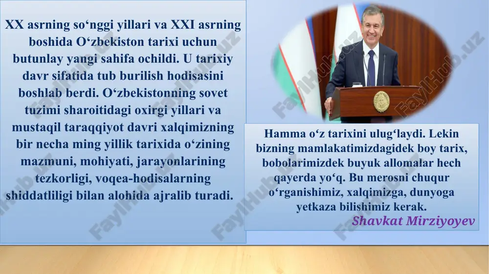 – o’zbekiston respublikasini “davlat tili haqida” gi qonunini qabul qilinishi 1990 yil 24 mart – o’zbekistonda prezidenrlik lavozimini joriy etilishi 1990 yil 20 iyun – “mustaqillik deklaratsiyasi” ni qabul qilinishi 1991 yil 31 avgust – eng muhim qadam: o’zbekiston respublikasini mustaqilligini e’lon qilinishi mustaqillikni mustahkamlashishi 10 1991 yil 18 noyabr – o’zbekiston respublikasi davlat bayrog’i qabul qilindi 1992 yil 2 iyun – o’zbekiston respublikasi davlat gerbi qabul qilindi 1992 yil 8 dekabr – o’zbekiston respublikasi davlat konstitutsiyasi qabul qilindi 1992 yil 10 dekabr – o’zbekiston respublikasi davlat madhiyasi qabul qilindi 1994 yil 1iyul – o’zbekiston respublikasi milliy valyuta – so’m muomalaga kiritildi taraqqiyot strategiyasi – farovon kelajagimiz kafolati " sayyoramizning ertangi kuni, farovonligi farzandlarimiz qanday inson bo’lib kamolga yetishi bilan bog’liq. bizninnig asosiy vazifamiz – yoshlarning o’z salohiyatini namoyon qilishi uchun zarur sharoitlar yaratishdan iborat. o’zbekiston respublikasi prezidenti shavkat mirziyoyevning bmt bosh assambleyasining 72-sessiyasida so’zlagan nutqidan 2017−2021 yillarda o’zbekistonni rivojlantirishninh …