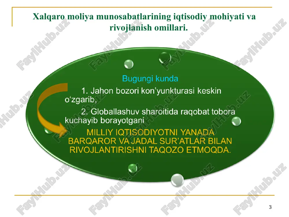 llarda xalqaro moliya tizimida sezilarli oʻzgarishlar sodir boʻldi va mazkur o’zgarishlar ta’sirida zamonaviy jahon valyuta-moliya tizimi shakllana boshladi. * jahon moliya tizimidagi oʻzgarishlar va xalqaro moliya munosabatlarining rivojlanishi koʻp jihatdan trasmilliy korporatsiyalar faoliyati bilan bog’liq bo’lib, ular tomonidan butun dunyo boʻylab ishlab chiqarish tarmoqlarini vujudga keltirish hamda barcha resurslardan samarali foydalanishga qaratilgan global strategiya amalga oshirildi. * jahon iqtisodiyotida roʻy bergan boshqa muhim oʻzgarishlar ham xalqaro moliya munosabatlari rivojlanishiga ijobiy va salbiy jihatdan sezilarli darajada ta’sir koʻrsatdi. ushbu oʻzgarishlar jumlasiga: jahon va hududiy valyuta tizimlaridagi oʻzgarishlar; valyuta tizimi tamoyillarining oʻzgarishi; qarzdorlik inqirozlari; mamlakatlar tomonidan iqtisodiy integratsion birlashmalarning tuzilishi; xalqaro va mintaqaviy moliya tashkilotlarining vujudga kelishi; transmilliy korporatsiya va banklar faoliyatining kengayishi; jahonda roʻy bergan moliyaviy-iqtisodiy inqirozlarni kiritish mumkin. * xalqaro moliyaning tuzilmasi jahon valyuta tizimi xalqaro moliya xalqaro moliya bozorlari xalqaro moliyaviy menejment xalqaro soliqqa tortish xalqaro hisob-kitoblar jahon moliyaviy muhiti * xalqaro moliyaning barcha tashkiliy elementlari jahon moliyaviy muhitida …