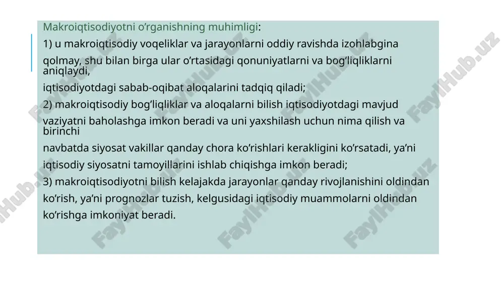 fundamental asoslarini kembridj maktabi vakili taniqli ingliz iqtisodchisi djon meynard boshlab berdi. 1936 yilda keyns makroiqtisodiy tahlil asosiga qurilgan «bandlik, foiz va pullarning umumiy nazariyasi» nomli kitobini keng ommaga taqdim etdi. kelib chiqish jihatidan makroiqtisodiyot ham mikroiqtisodiyot kabi iqtisodiyot nazariyasi faning bir bo’limi hisoblanadi. makroiqtisodiyot so’zi grekchadan olingan bo’lib «makro» «katta», «iqtisodiyot» so’zi esa - «xo’jalik yuritish» degan ma’noni anglatadi. makroiqtisodiyotning asosiy masalalari davlat barqaror iqtisodiy o’sishga erishishni qanday ta’minlashi mumkin? baholar darajasi nima va uning dinamikasini qaysi omillar belgilab beradi? iqtisodiy kon’yuktura o’zgarishlarini qaysi omillar belgilab beradi? bandlik darajasini nima belgilab beradi? mamlakatning iqtisodiy kon’yukturasiga tashqi dunyo qanday ta’sir ko’rsatadi? o‘zbekistonda iqtisodiy o’sish sur’atlari, foizda 1993 1994 1995 1996 1997 1998 1999 2000 2001 2002 2003 2004 2005 2006 2007 2008 2009 2010 2011 2012 2013 2014 2015 2016 2017 2018 2019 2020 2021 -2.2999999999999998 -5.2 -0.9 1.7 5.2 4.3 4.3 3.8 4.2 4 4.2 7.4 7 7.5 9.5 …