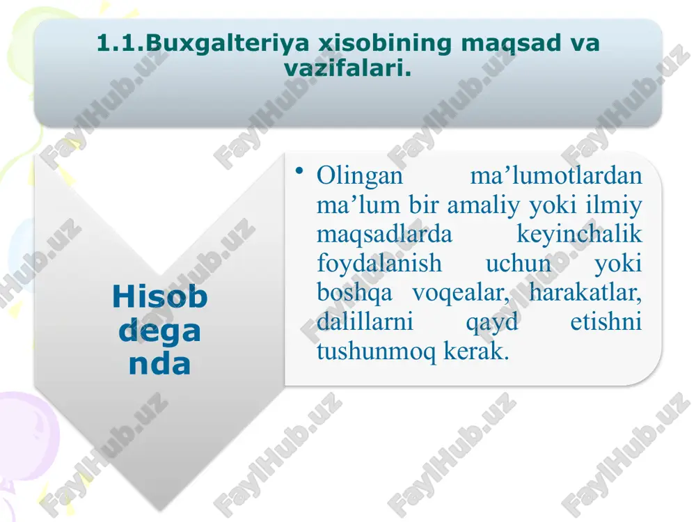 rayonlari turlari: taʼminot, ishlab chiqarish, sotish. 1.3. xoʼjalik mablagʼlari va uning tashkil topish manbalari, ularning turkumlanishi. xoʼjalik mablagʼlari birinchidan, ularning turlari hamda joylashuvi. ishlab chiqarish sohasidagi vositalar pul mablagʼlari va debitorlik qarzlar noishlab chiqarish sohasidagi mablagʼlar 1.3. xoʼjalik mablagʼlari va uning tashkil topish manbalari, ularning turkumlanishi. xoʼjalik mablagʼlari ikkinchidan, tashkil topish manbai va qanday maqsadlarga yoʼnaltirilganligi. oʼz mablagʼlari manbalari qarzga olingan mablagʼlar manbalari buxgalteriya hisobi schyotlari xo'jalik mablag'lari manbalarini hisobga oluvchi schyotlar xo'jalik jarayonlari va mablag'lar- ning turlarini hisobga oluvchi schyotlar chetdan jalb etilgan mablag'larning manbalari o'z mablag'lari manbalri taqsimot muomala noishlab chiqarishdagi iste'mol ishlab chiqarish va ishlab chiqarishdagi iste'mol 3.1. buxgalteriya balansi va uning tarkibiy tuzilishi balans (frantsuzcha balance-torozi) – «tenglik», «tarozining ikki pallasi» degan ma'nolarni bildiradi. 1.4. buxgalteriya balansi va uning tarkibiy tuzilishi balans turlari boshlang'ich balans hisobot balansi tugatish balans dastlabki balans korxonaning tashkil topayotgan vaqtida tuziladi. hisobot balansi esa korxona faoliyati davomida tuziladi. tugatish balansi esa …