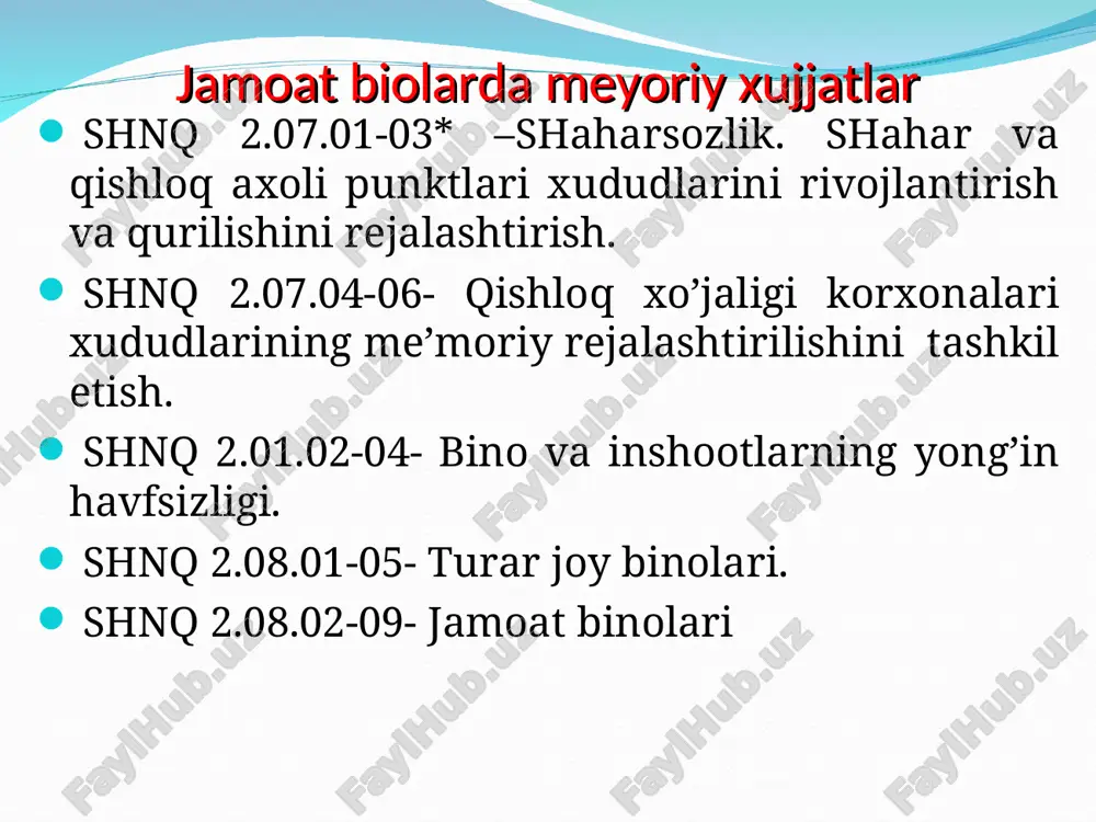 irishga yo’l qo’yiladi, lekin 2.2 m dan past bo’lmasligi kerak. qator quyiladigan umumiy talablardan tashqari jamoatchilik binolari katta miqyosdagi maxsus yong’in xavfsizligi va sanitar talablarni egallagan bo’lishi, yaxshi ko’rish va eshitish va bundan tashqari baxtsiz xodisalar ruy berganda odamlarni xavfsiz evakuatsiya qilish ta’minlangan bulishi kerak belgilangan me’yorlarga asosan i-ii darajali yong’inga chidamli binolardan odamlarni evakuatsiya qilish davomiyligi: alohida xonalardan 1,5-2 minut, hamma binolardan -6 minut bo’lishi shart. zal xonalarida ko’rish talablari o’rindik qatorlarini qiyalik bilan joylashtirish orkali amalga oshiriladi. bunda o’ltirgan tomoshabinning ko’z satxi toza poldan 1150 mm, oldinda o’ltirgan tomoshabinning boshini yuqori nuqtasidan orkada ultirgan tomoshabin ko’z satxigacha bo’lgan masofa 120-150 mm tashkil etishi shart. jamoatchilik binolarining xajmiy-rejaviy yechimlari ko’p xil bo’lishiga qaramasdan kuyidagi uchtasi asosiy kompozitsiya xisoblanadi: koridor turidagi zal turidagi anfilad turidagi. koridor turidagi kompozitsiyada qator xonalar (ishchi xonalar, palatalar, umumiy yotoqxonalar) umumiy koridor bilan birlashadi. zal turidagi xajmiy-rejaviy yechimlarda markaziy kompozitsiyani asosiy o’zagi zallardir (tomosha, savdo, …
