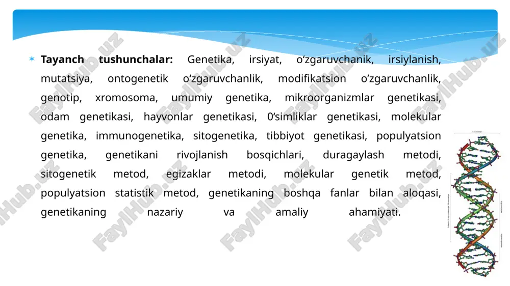 tuzilishiga va uning ifodalanish (ekspressiya) darajasiga bogliq boladi. genotipdagi mutatsiyalar yoki o‘zgarishlar neytral bolib, aksariyat hollarda, organizmlar fenotipik o‘zgarishiga olib kelmaydi. biroq, genotipdagi genlar (ya’ni oqsil strukturasi o‘zgarishi bilan aloqador) o‘zgarishlar genotipni buzilishiga olib kelib, turli nuqsonlar keltirib chiqaradi. irsiyatning moddiy asosi bolib bolinish jarayonida qiz hujayralarga taqsimlanish xususiyatiga ega bolgan hujayra yadrosining maxsus tuzilmasi — xromosomalar hisoblanadi. xromosomalar asosiy genetik tuzilmalar bolib, avloddan-avlodga o‘tish jarayonlarini ta’minlash uchun barcha zarur irsiy axborotga ega. hujayra bo‘linish davrida xromosomalar aynan o‘ziga o‘xshash xromosomalarni hosil qiladi. xromosoma chiziqli tartibda joylashgan genlarning tuzilishi bo‘lib, irsiy axborotni saqlash va o‘tkazish funksiyasini bajaradi. genetikaning rivojlanish bosqichlari genetikaning fan sifatida shakllanishida sitologiya, embriologiya, biokimyo sohasida olib borilgan tadqiqotlar muhim ahamiyatga ega boladi. irsiyat va o‘zgaruvchanlik haqidagi fanning rivojlanishiga ch.darvinning turlarning kelib chiqishi haqidagi ta‘limoti katta hissa qo‘shdi. genetikaning fan sifatida vujudga kelishiga somatik va jinsiy hujayralarning xususiyatlarini o‘rganishdagi yutuqlar yordam berdi. genetikani mustaqil fan sifatida rasmiy tan …