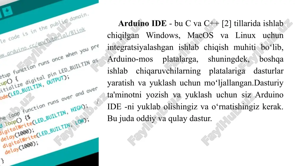 bering. shundan so‘ng, bu oyna ko‘rinmaydi. arduino ide oynasi ochiladi: quyidagi rasmda dasturning maydonlari va funktsional tugmalarining maqsadi ko‘rsatilgan: endi siz eskiz (kod) yozishingiz va arduino -ga yuklashingiz (yuklashingiz / o‘chirishingiz) mumkin. ammo bundan oldin siz arduino platasini kompyuterga ulashingiz va arduino ide dasturiga qaysi arduino platasini va qaysi portga ulanganligingizni aytishingiz kerak. arduino plata ulanishi: arduino platasini usb orqali kompyuteringizga ulaganingizdan so‘ng, arduino ide dasturiga qaysi arduino platasini ulaganingizni ko‘rsatishi kerak. buning uchun quyidagi rasmda ko‘rsatilgandek " instrumenti> plata > nazvanie vashey plati " menyusidagi bo‘limdan kerakli platani tanlang: endi siz arduino platasi ulangan com portini tanlashingiz kerak. buni amalga oshirish uchun, quyidagi rasmda ko‘rsatilgandek, " instrumenti> port > nomer dostupnogo porta " menyusidagi mavjud portlar ro‘yxatidan kerakli com-portni tanlang: mustaqil ishlash uchun topshiriqlar: laboratoriya ishining nazariy materialini o‘rganish. arduino ide -ni rasmiy saytdan yuklab oling (http://arduino.cc/en/main/software) agar sizda zip faylidan windows va arduino ide bo‘lsa, drayverlarni drayverlar papkasidan …