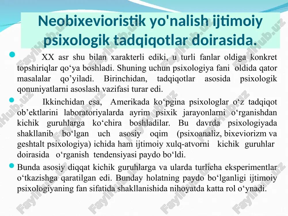 q, demakdir. amerika psixologiyasidagi bu yo‘nalish shuning uchun ham «bixeviorizm» («hulq psixologiyasi») deb ataladi. bixeviorizm yo‘nalishlari doirasida o‘tkazilgan ijtimoiy psixologik tadqiqotlar va amerikalik olimlar bixeviorizm yo‘nalish izlanishlari diada — ikki kishi o‘rtasidagi munosabatlarning xilma-xil eksperimental ko‘rinishlarini tadqiq qilib, ularda matematik o‘yin na­zariyasi elementlarini kuzatdilar. diada sharoitida tajribada o‘tkazilgan tadqiqotlarda asosan mustahkamlash g‘oyasini isbot qilishga urinildi. klassik bixeviorizmdan farqli o‘laroq ijtimoiy psixologik bixevioristlar hayvonlar o‘rniga laboratoriyaga naqd pulga odamlarni taklif eta boshladilar, shuning uchun ham ularning g‘oyasida biologizm va mexanizm tarzda ilgarigi hayvonlarda to‘plangan dalillar modelini insonlarda qo‘llash hollari kuzatildi. psixoanaliz doirasida esa ijtimoiy psixologik tadqiqotlar e. fromm va dj. salliven ishlari bilan bog‘liq bixevioristlardan farqli o‘laroq unda eksperimentlar ikki kishi emas, balki ko‘pchilik ishtirokida o‘tkazila boshladi. ularning izdoshlari (v.bayon, v.bennis, g.sheparde, v.shutk) o‘tkazgan tadqiqotlar tufayli hozirgi kunda ham katta qiziqish bilan o‘rganilayotgan kichik t—guruhlar psixologiyasi yaratildi. unda guruh sharoitida bir odamning boshqalarga ta’siri, guruhning ayrim individlar fikrlariga ta’siri kabi masalalar …