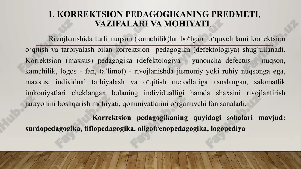 mal bolalami tarbiyalash oila va ta’lim muassasasi o‘rtasidagi yaqin aloqa, bir-birlarini qo‘llab-quwatlash, bir-biriga yordam ko‘rsatish, talabchanlik hamda oqilona mehribonlik asosida amalga oshiriladi. korrektsiya (yunoncha tuzatish) bolaning ruhiy yoki jismoniy rivojlanishidagi nuqsonlami tuzatish, yo‘qotish va pasaytirishni nazarda tutadi. 3.korrektsion-tarbiyaviy ishlar kategoriya sifatida shaxsning anomal rivojlanishi xususiyatlariga ko‘ra umumiy pedagogik ta’sir ko‘rsatish chora-tadbirlari tizimi dan iborat. korrektsion-tarbiyaviy masalalarda sinf va sinfdan tashqari ishlaming barcha tur va shakllaridan foydalaniladi. 4.kompensatsiya (yunoncha «compensatio» - o‘mini to‘ldirish, tenglashtirish) organizmning buzilgan yoki rivojlanmagan funksiyalarining o‘rnini to‘ldirish yoki qayta qurishdir. kompensatsiya jarayoni oliy nerv faoliyatining zahira imkoniyatlariga tayanadi. 5.ijtimoiy reabilitatsiya (yunoncha «rehabilitas» - layoqati, qobiliyatini tiklash) tibbiy-pedagogik mazmunda anomal bolaning psixofiziologik imkoniyatlari darajasida ijtimoiy muhitda ishtirok etishi uchun sharoit yaratish, uni ijtimoiy hayot va mehnatga jalb etishni anglatadi. bu korrektsion pedagogika nazariyasi va amaliyotida asosiy vazifa hisoblanadi. 6.ijtimoiy adaptatsiya (yunoncha «adapto» - moslashish) - anomal bolalaming individual va guruhli xulqlarini jamoatchilik qoidalari va qadriyatlari tizimiga mos kelishini …